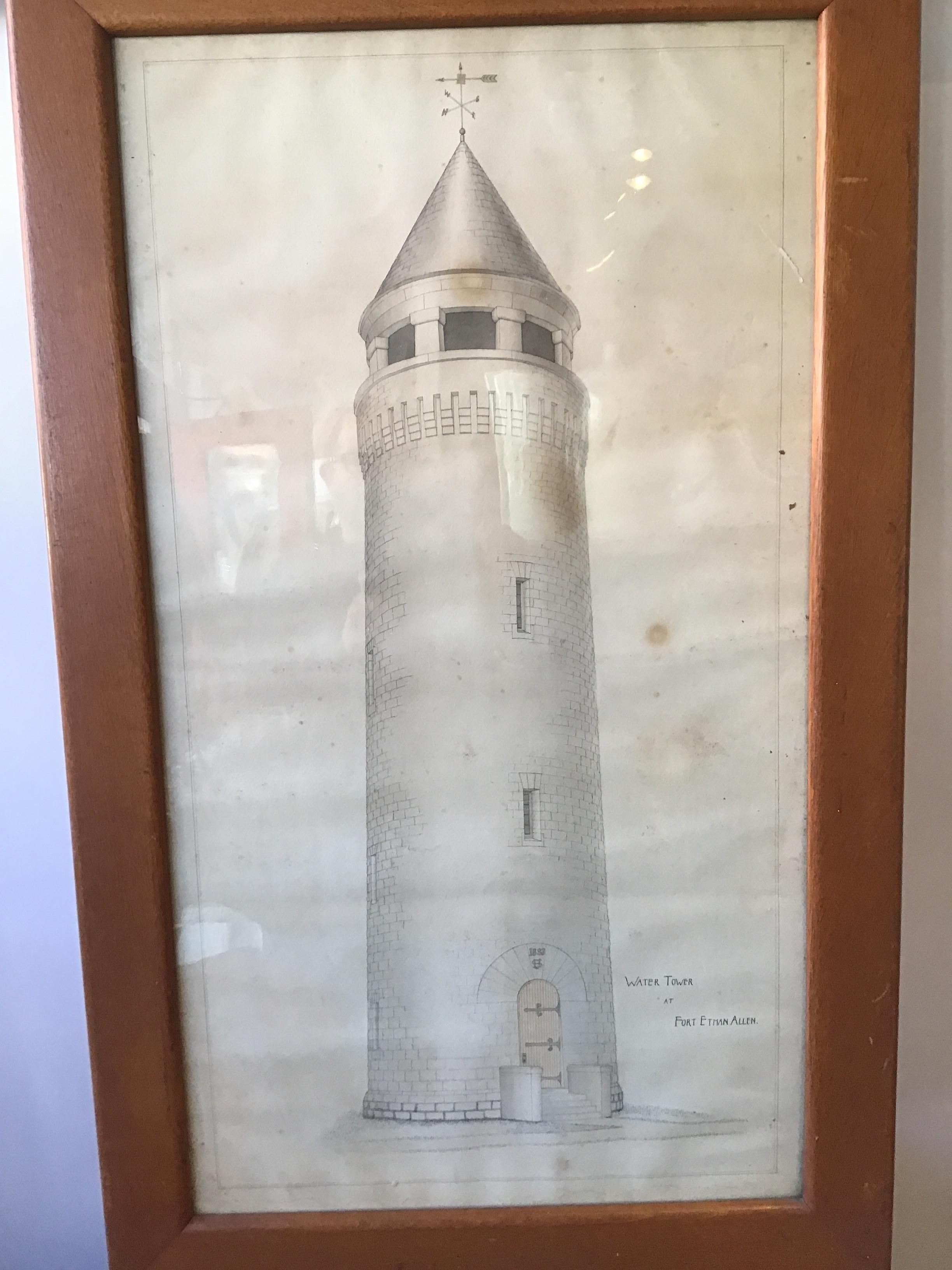 Paper Large Drawing of Water Tower at Fort Ethan Allen For Sale