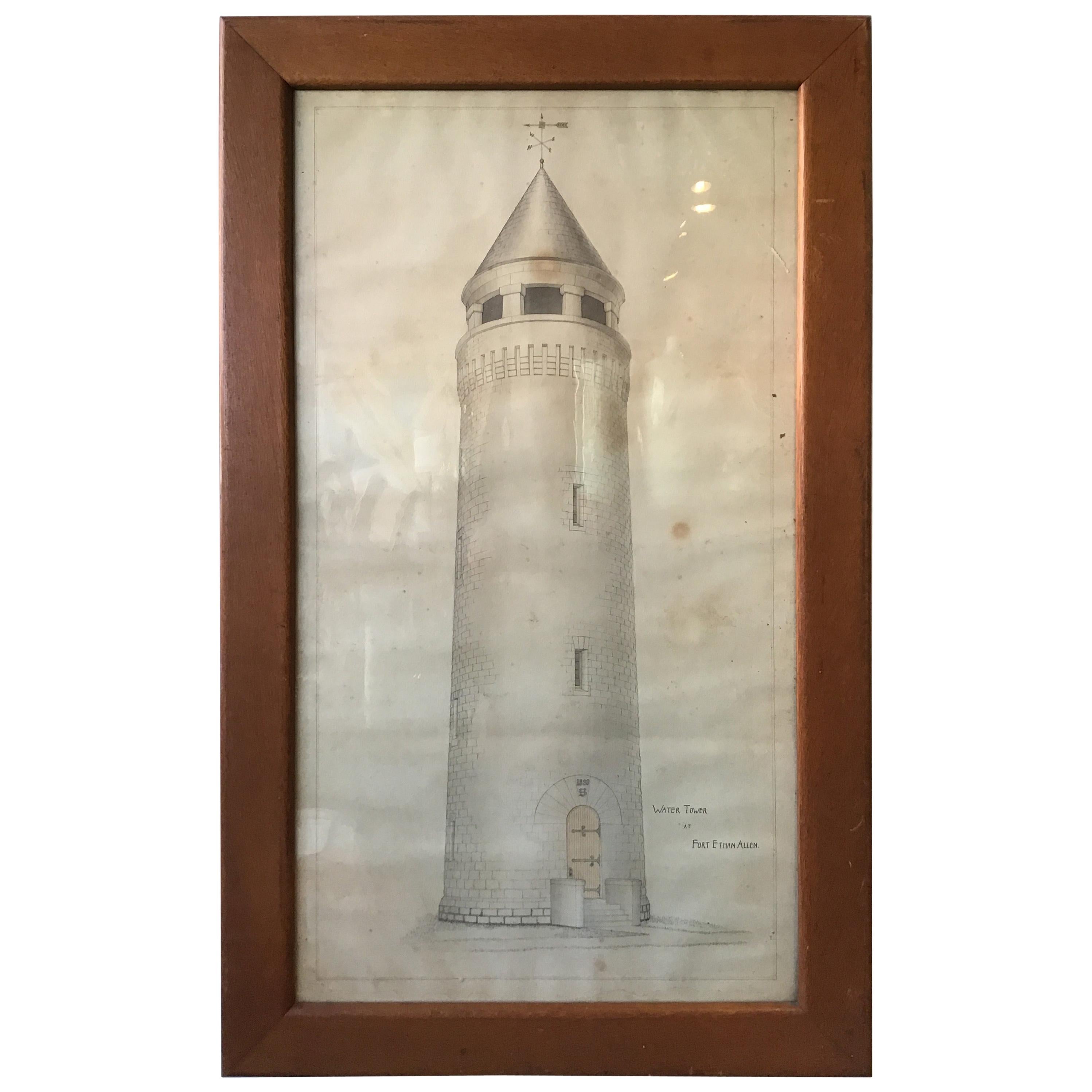 Large Drawing of Water Tower at Fort Ethan Allen For Sale
