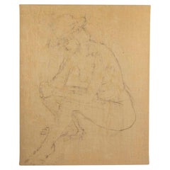 Large Drawing on Canvas by Evelyne Luez, Depicting a Young Woman Wearing a Hat.