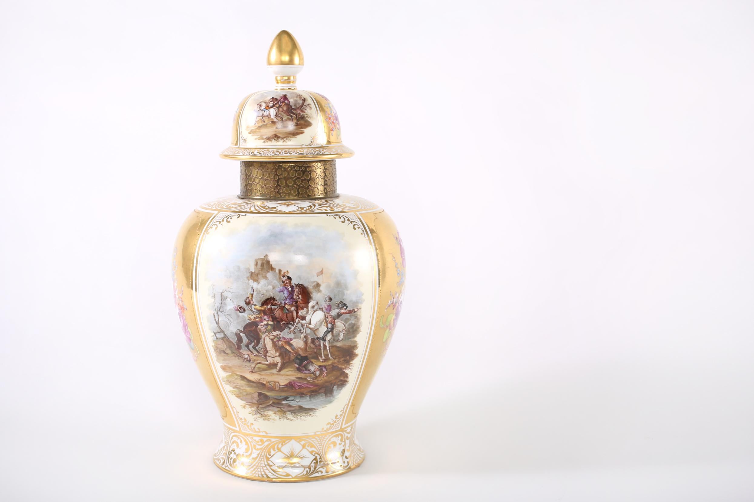 Large Dresden Gilt Porcelain Covered Decorative Urn For Sale 5