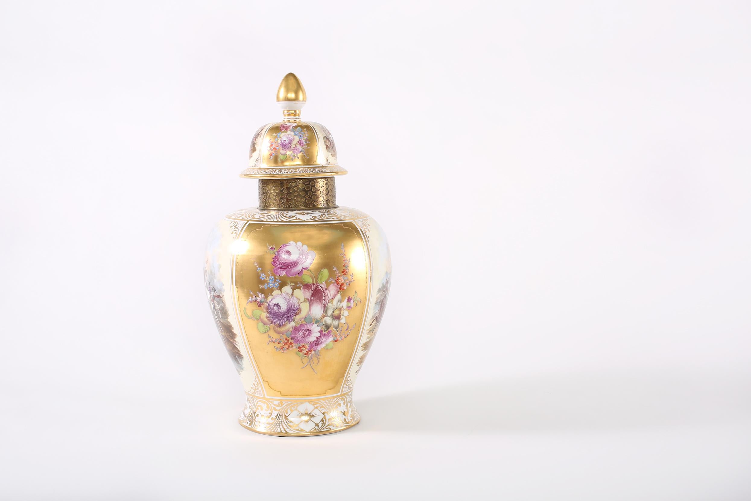 Large Dresden Gilt Porcelain Covered Decorative Urn For Sale 7