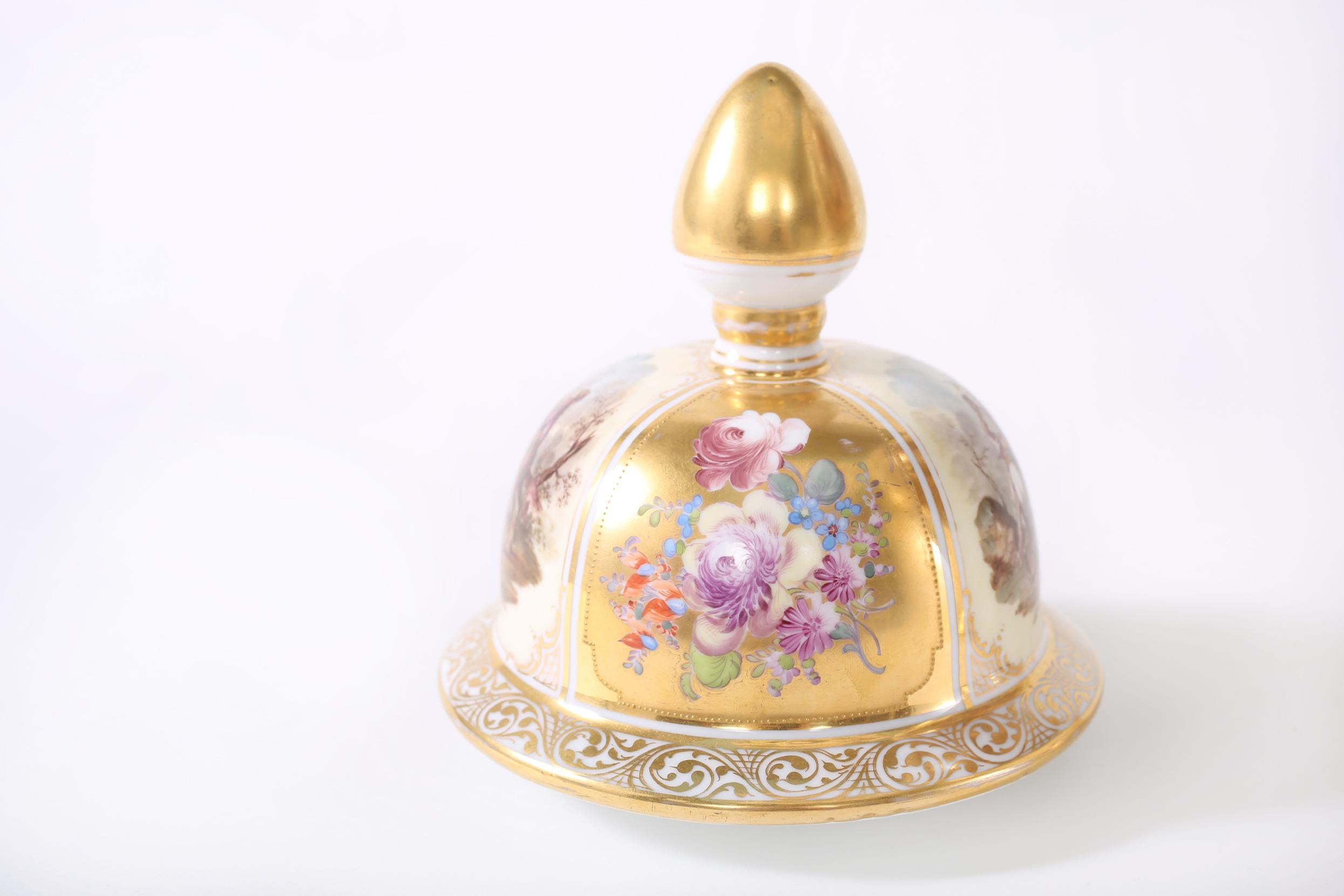 Large Dresden Gilt Porcelain Covered Decorative Urn For Sale 1