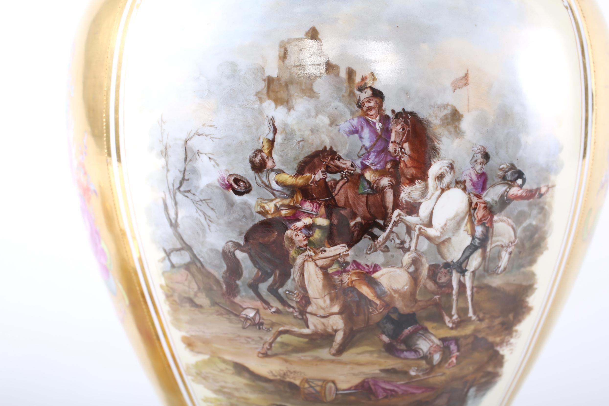 Large Dresden Gilt Porcelain Covered Decorative Urn For Sale 2