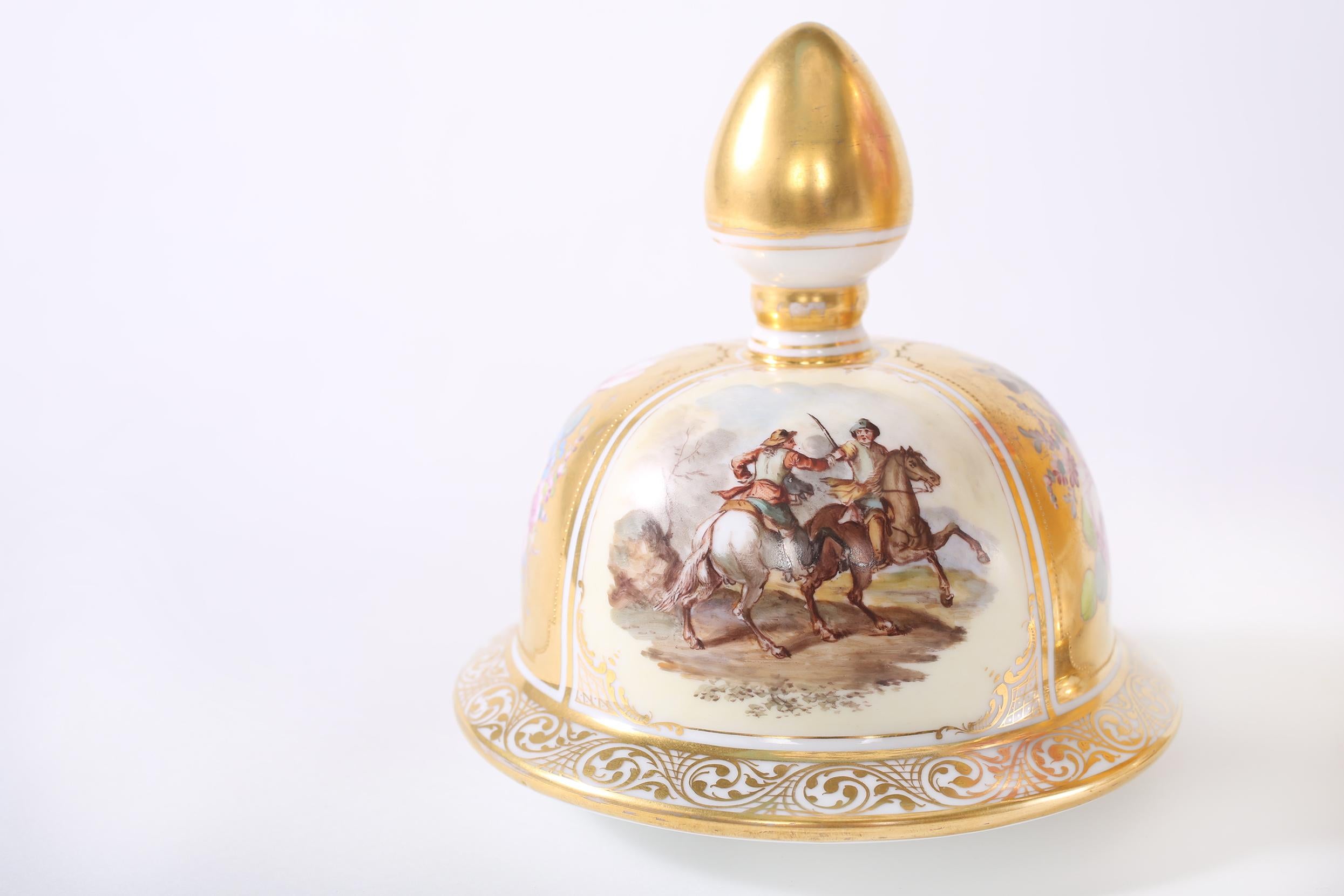 Large Dresden Gilt Porcelain Covered Decorative Urn For Sale 3