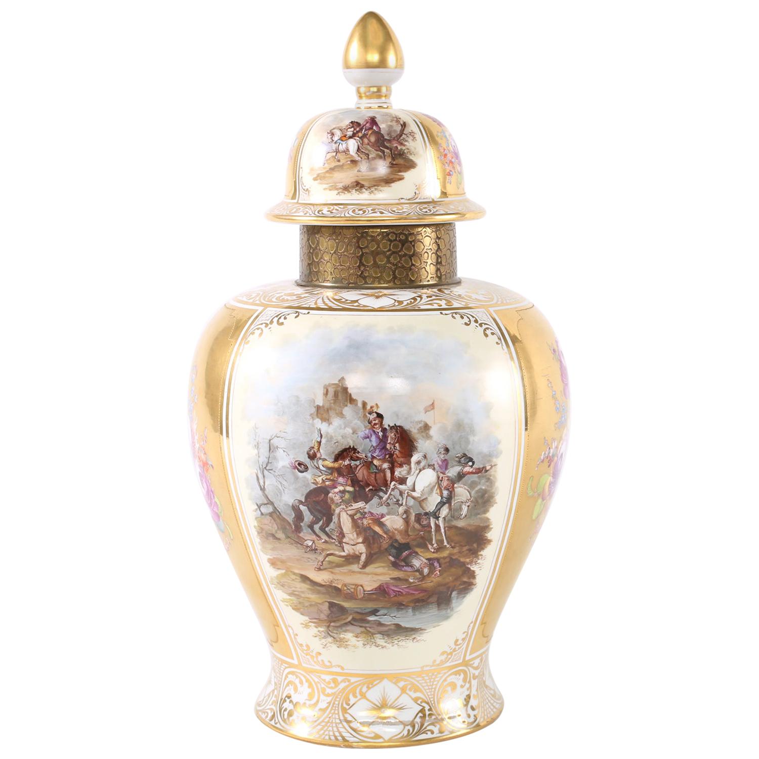 Large Dresden Gilt Porcelain Covered Decorative Urn For Sale
