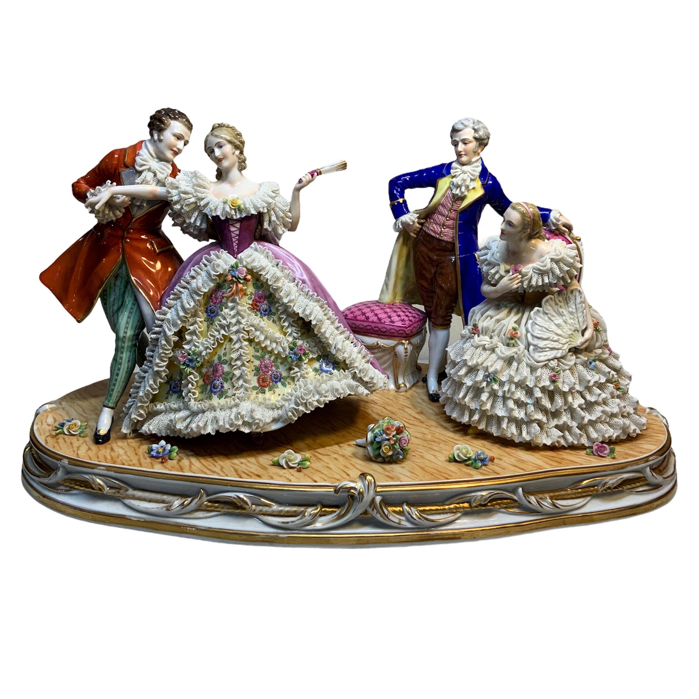 Large Dresden Lace Porcelain Group Figurines