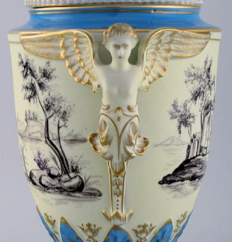German Large Dresden Ornamental Vase in Hand Painted Porcelain with Classicist Scenes For Sale