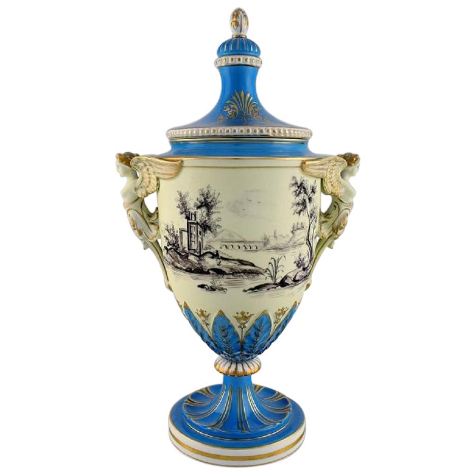 Large Dresden Ornamental Vase in Hand Painted Porcelain with Classicist Scenes For Sale