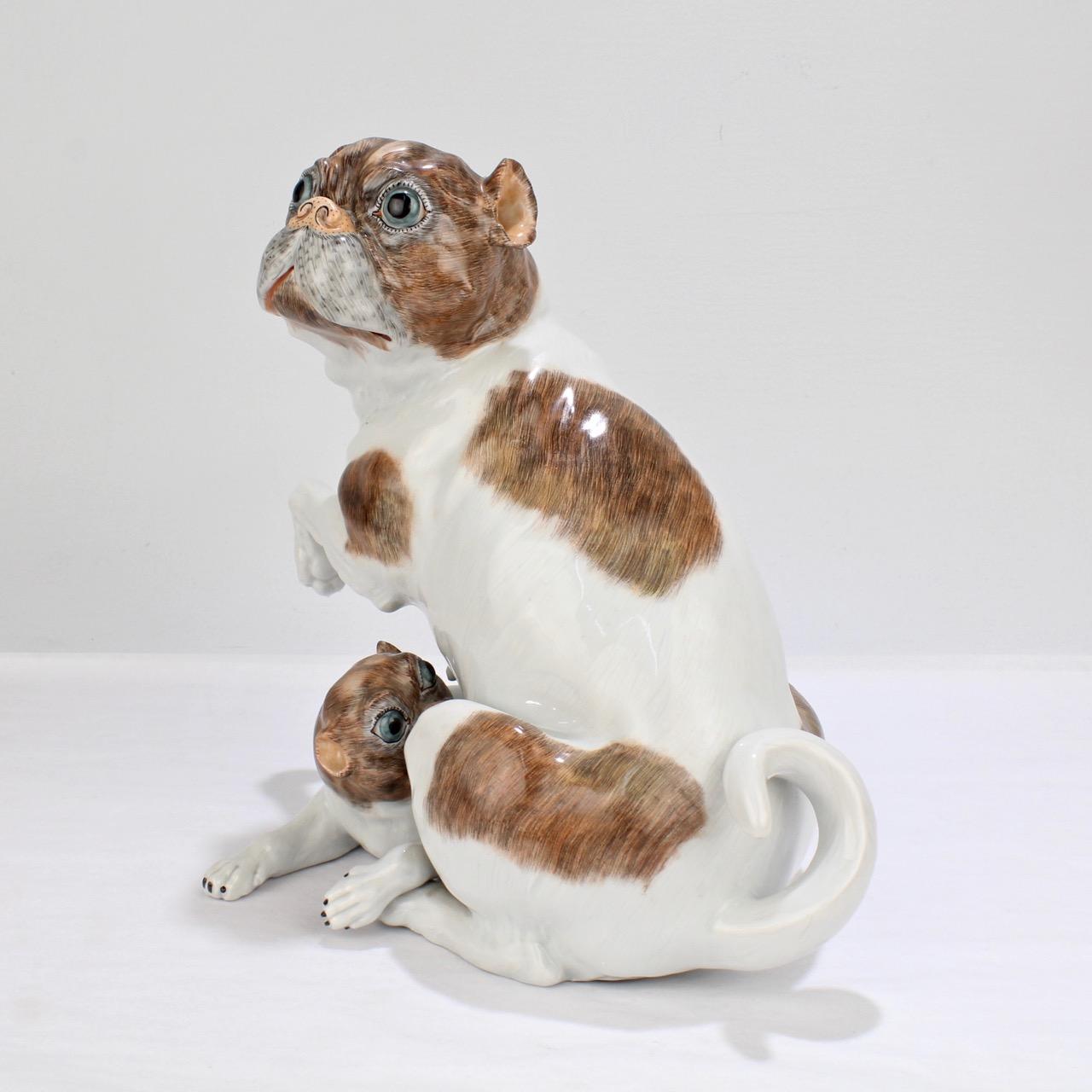 Rococo Large Dresden Porcelain Pug Dog Mother and Puppy Figurine or Model