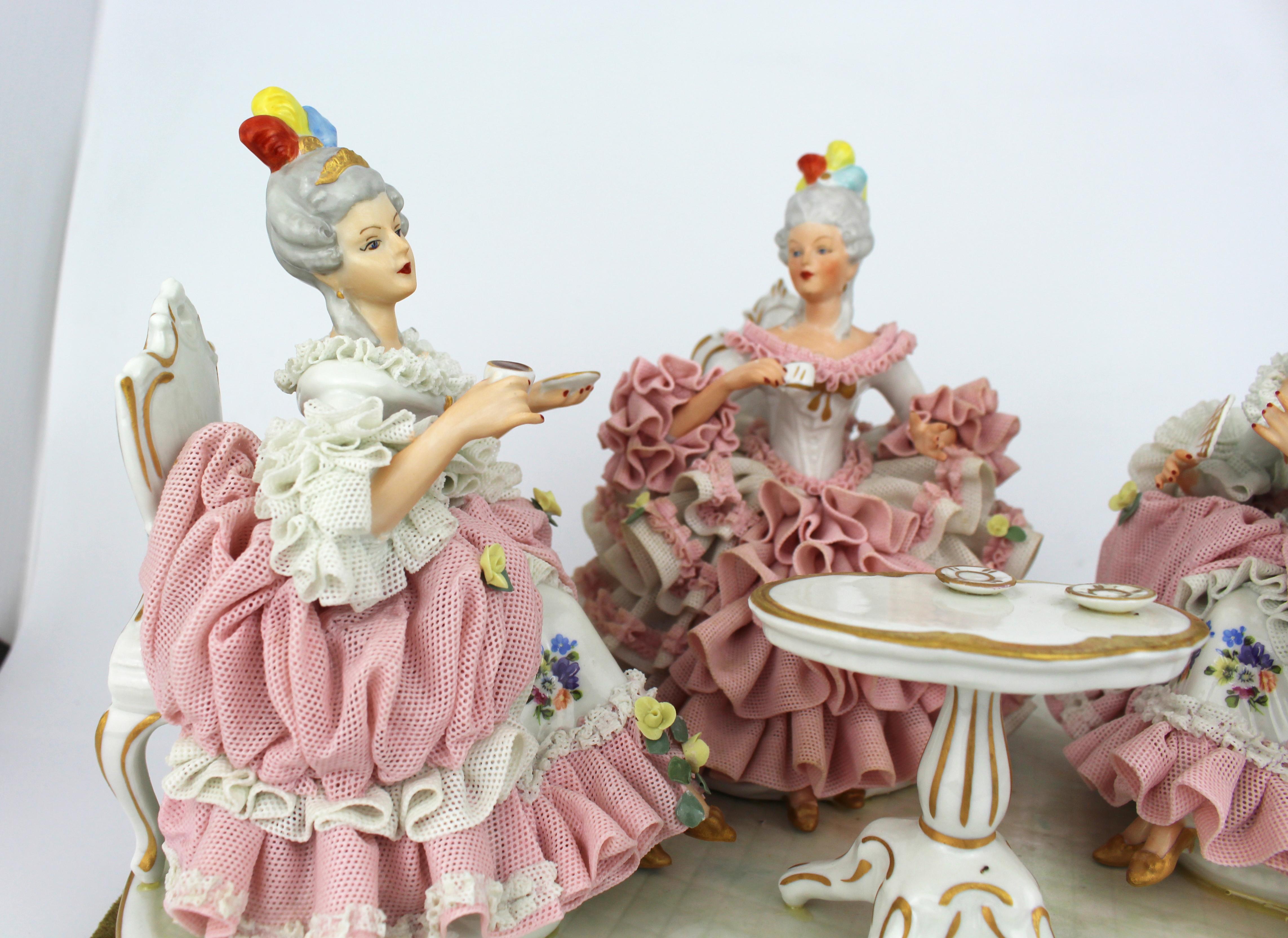 German Large Dresden Porcelain “The Tea Party” Figural Group on Velvet Base, 20th Centu For Sale