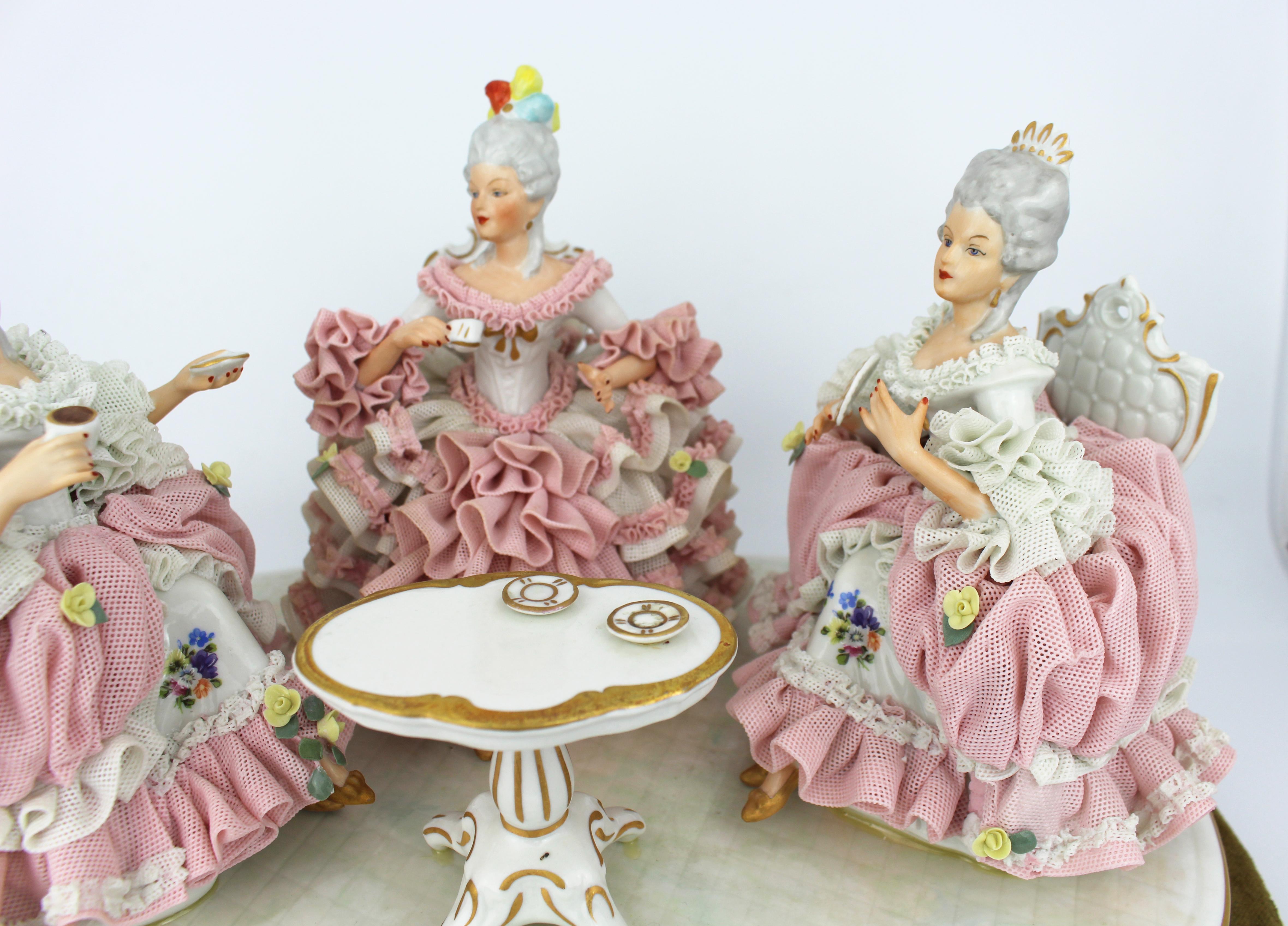 Large Dresden Porcelain “The Tea Party” Figural Group on Velvet Base, 20th Centu In Good Condition For Sale In Worcester, GB