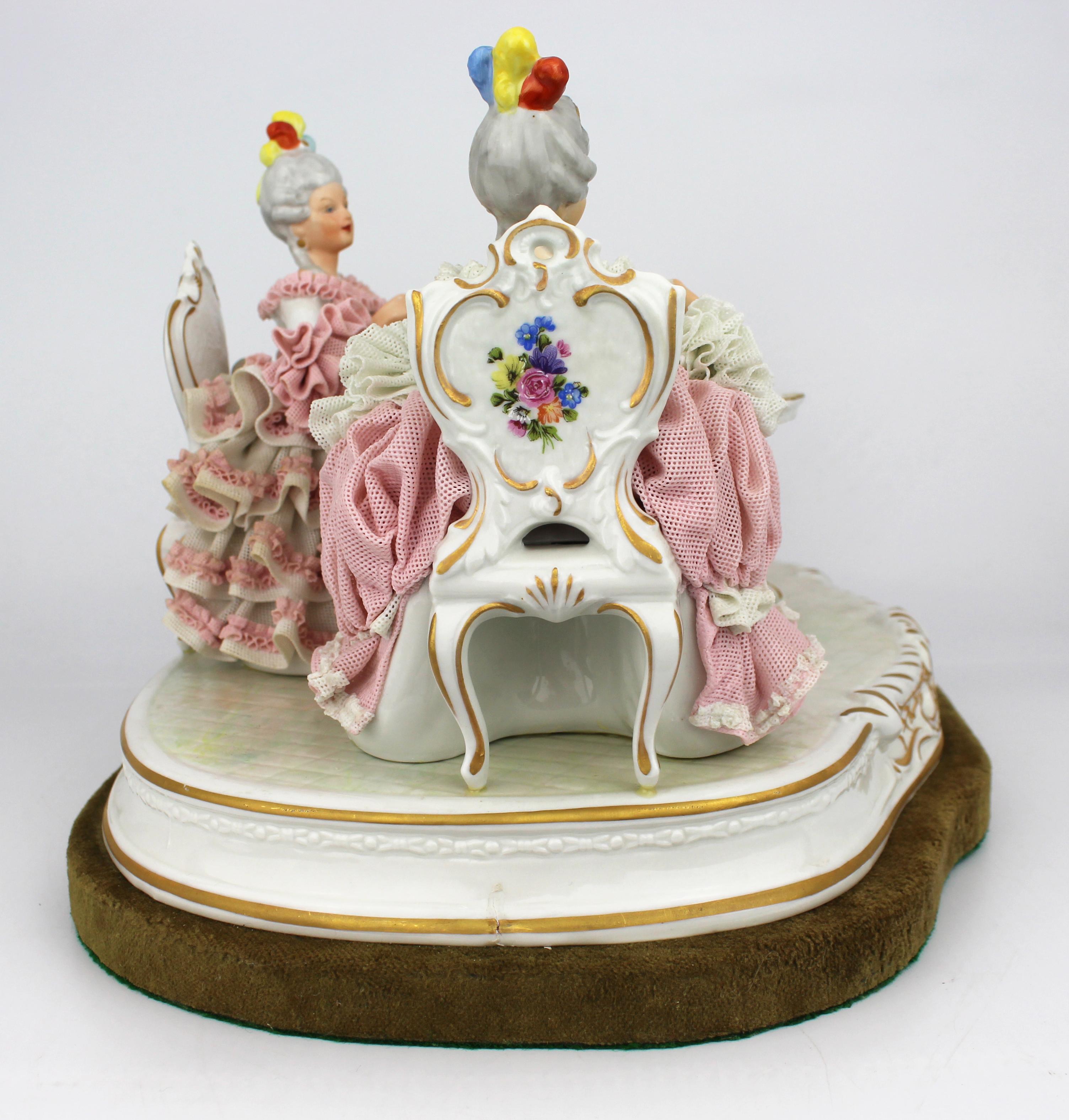 20th Century Large Dresden Porcelain “The Tea Party” Figural Group on Velvet Base, 20th Centu For Sale