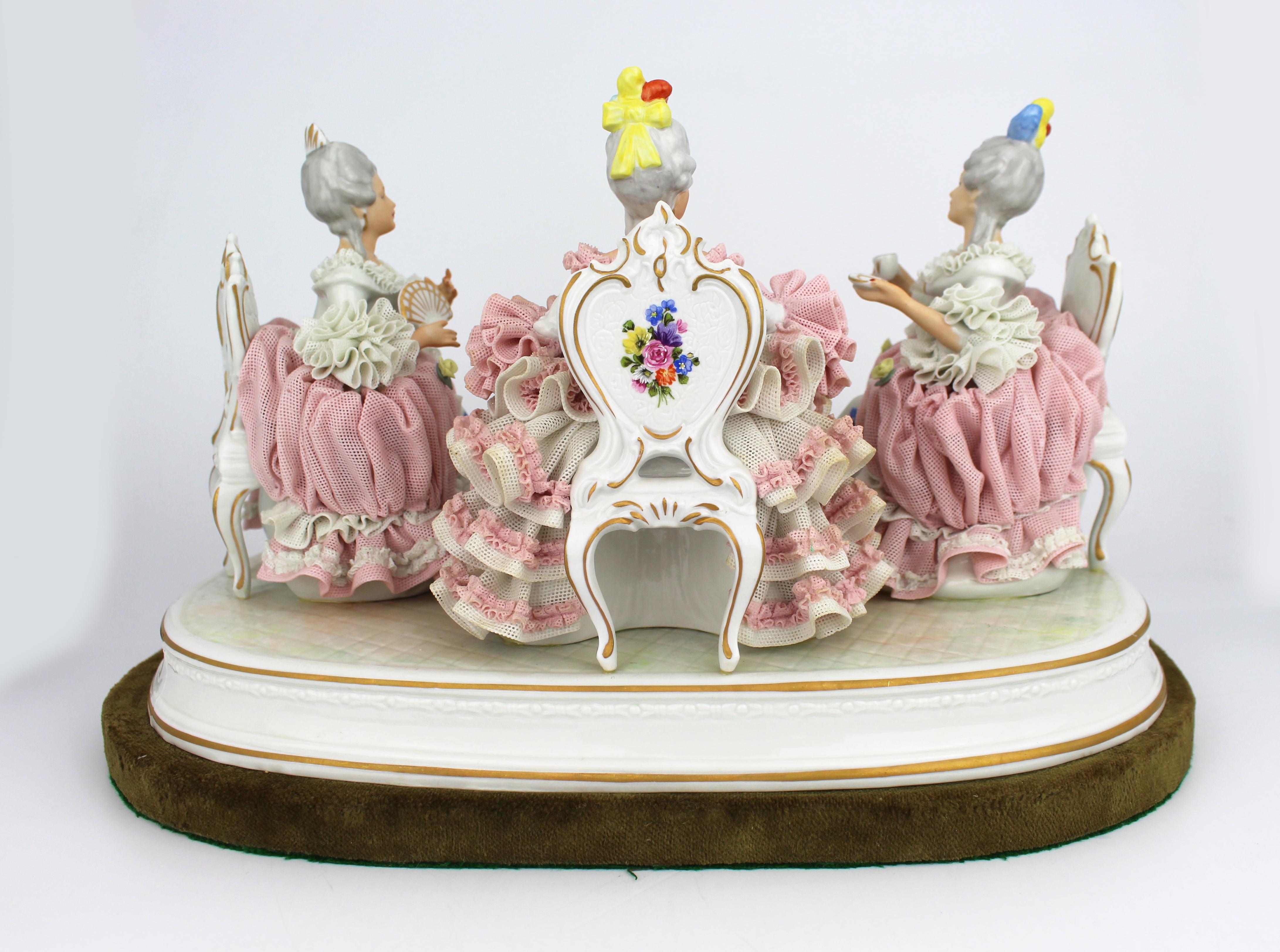 Large Dresden Porcelain “The Tea Party” Figural Group on Velvet Base, 20th Centu For Sale 1