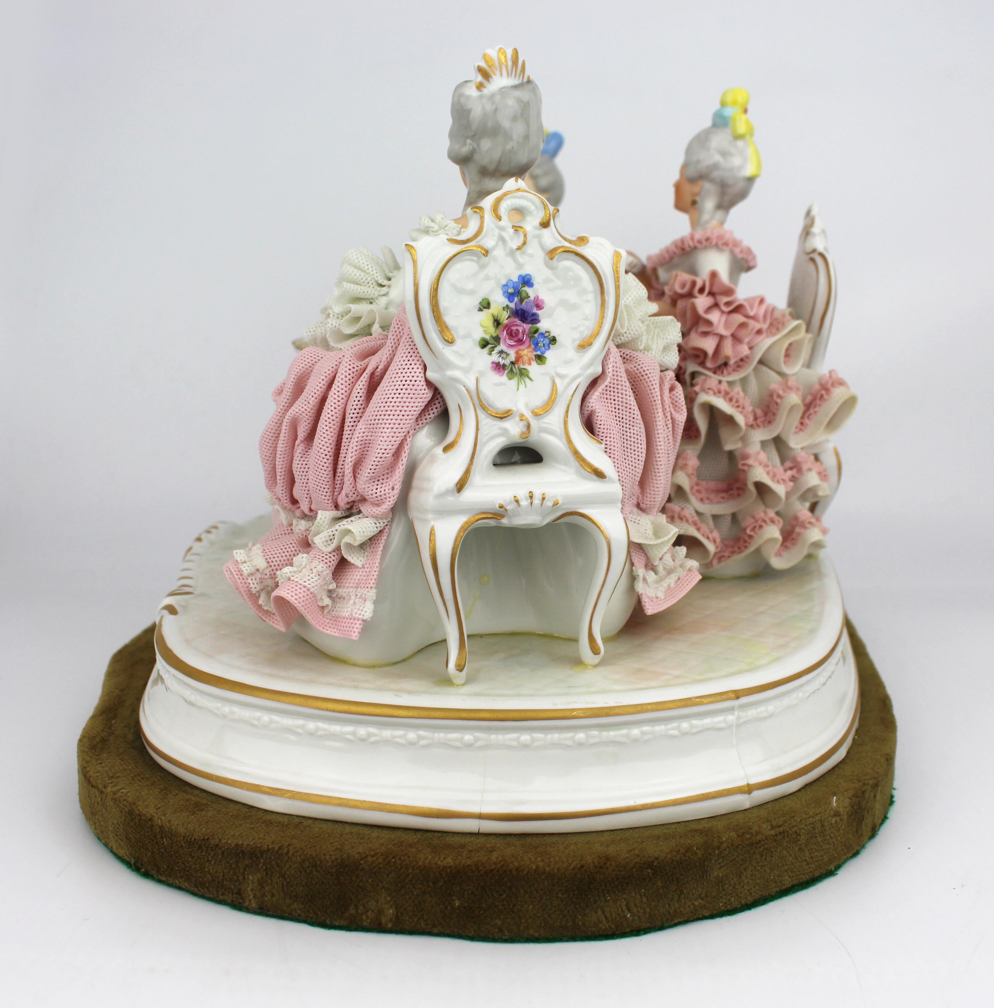 Large Dresden Porcelain “The Tea Party” Figural Group on Velvet Base, 20th Centu For Sale 2