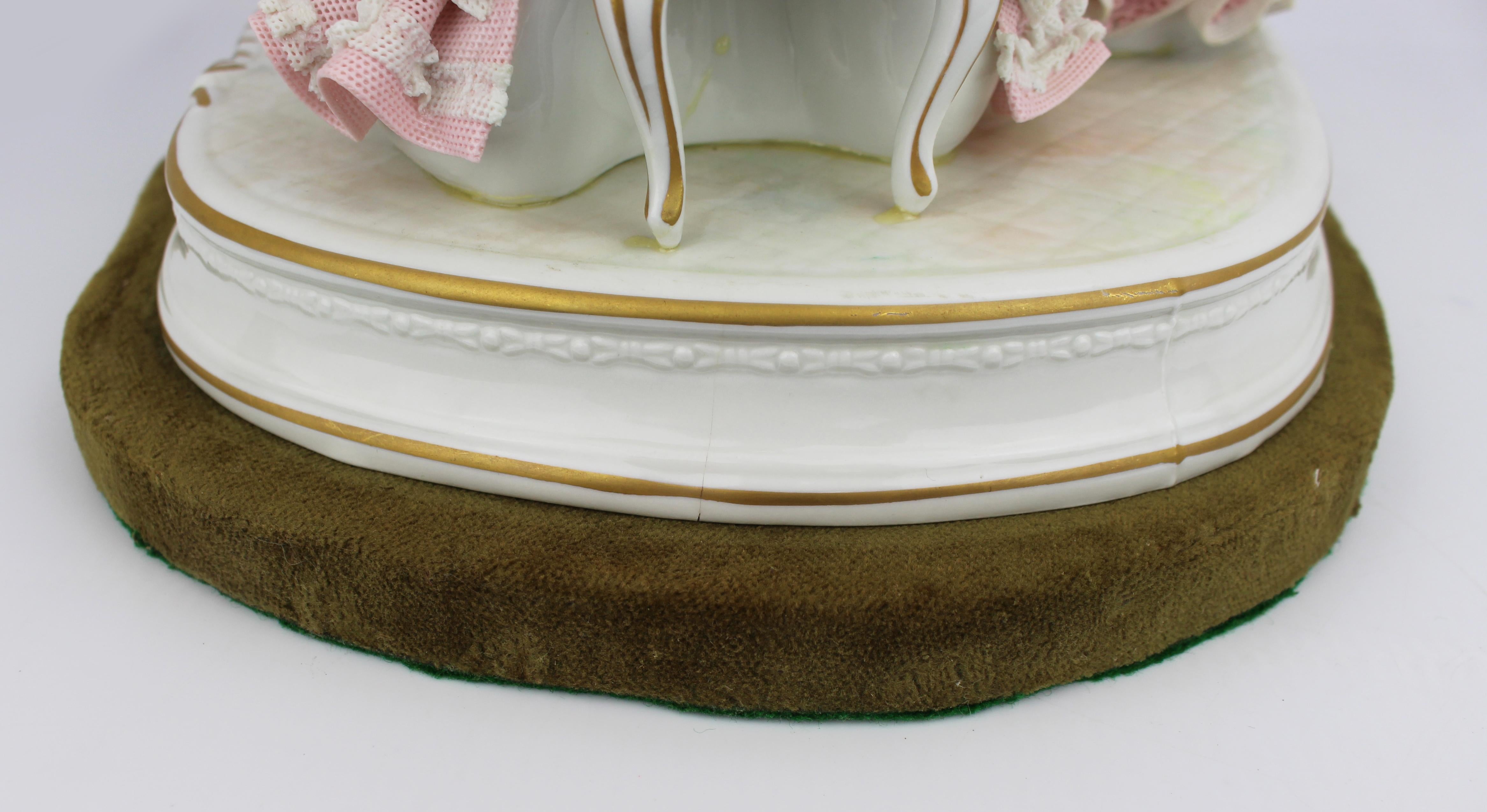 Large Dresden Porcelain “The Tea Party” Figural Group on Velvet Base, 20th Centu For Sale 3