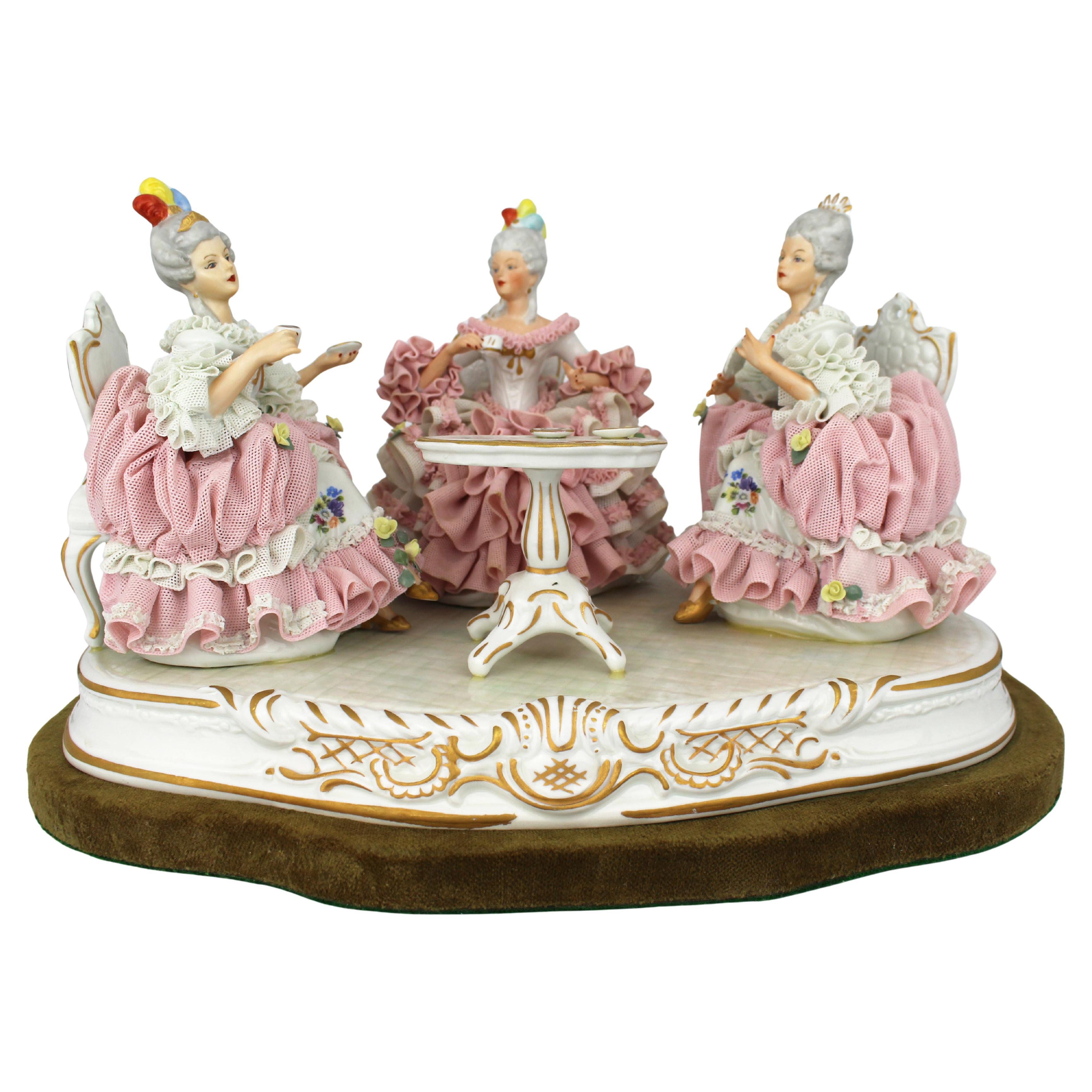 Large Dresden Porcelain “The Tea Party” Figural Group on Velvet Base, 20th Centu For Sale