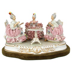 Large Dresden Porcelain “The Tea Party” Figural Group on Velvet Base, 20th Centu