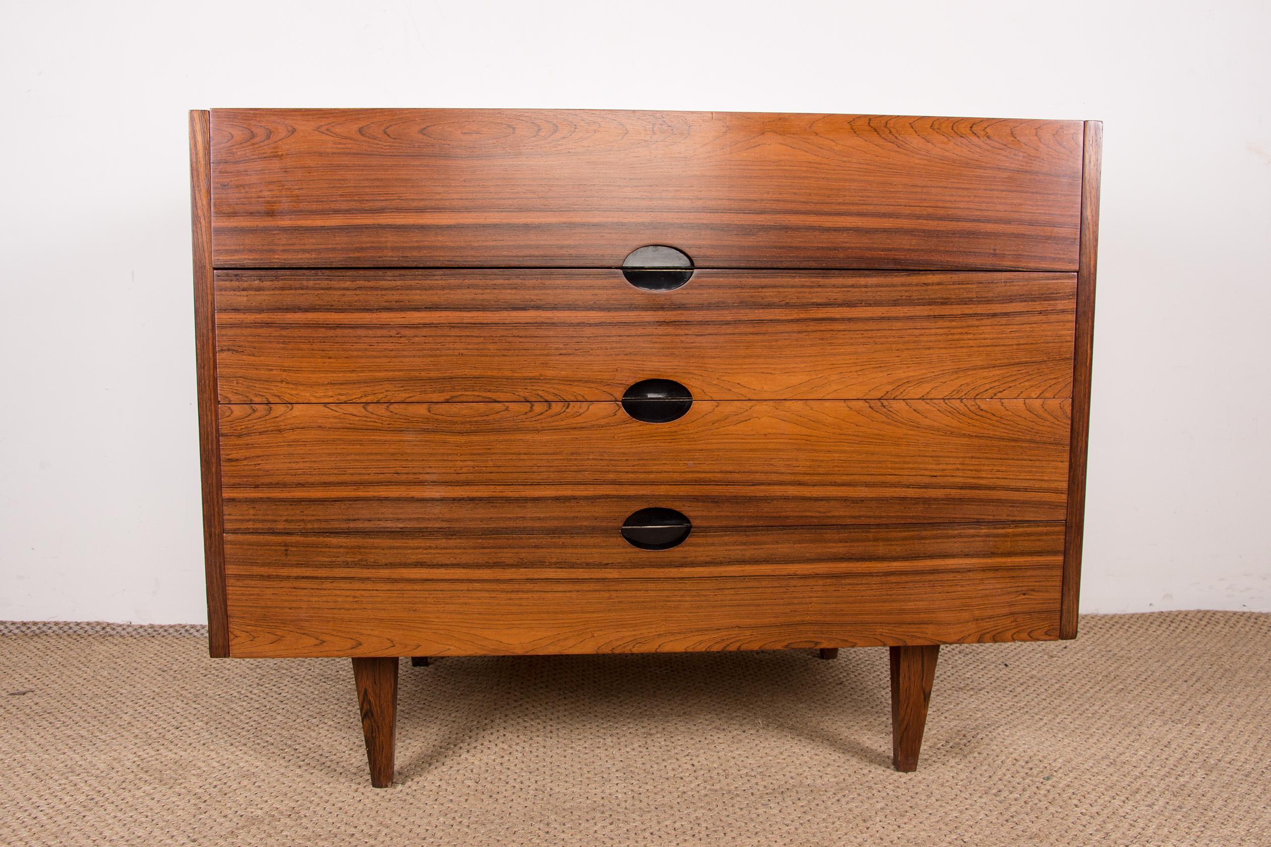 French Provincial Large Dressing Table, Chest of Drawers in Rio Rosewood, Joseph André Motte 1960 For Sale