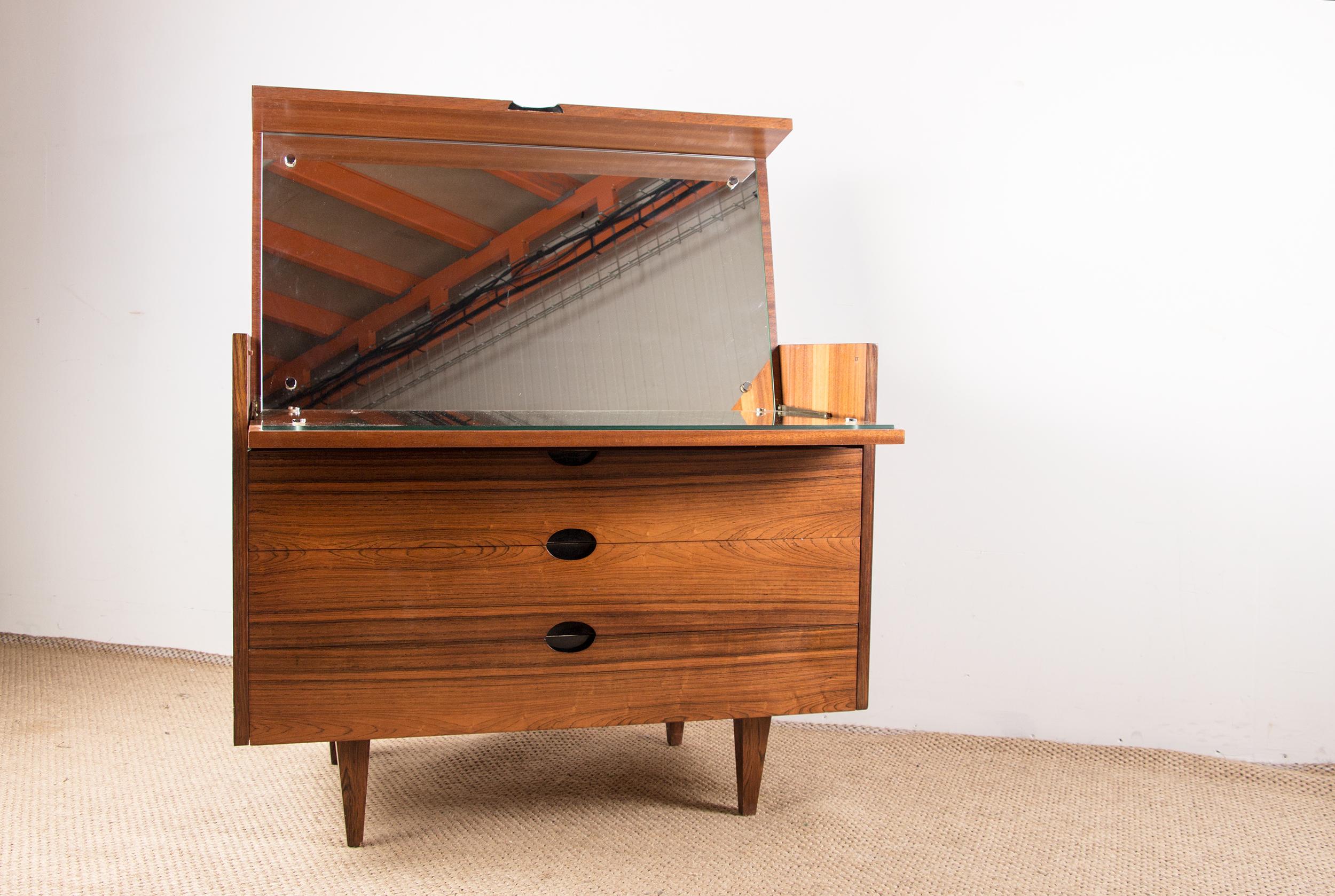 Glass Large Dressing Table, Chest of Drawers in Rio Rosewood, Joseph André Motte 1960 For Sale