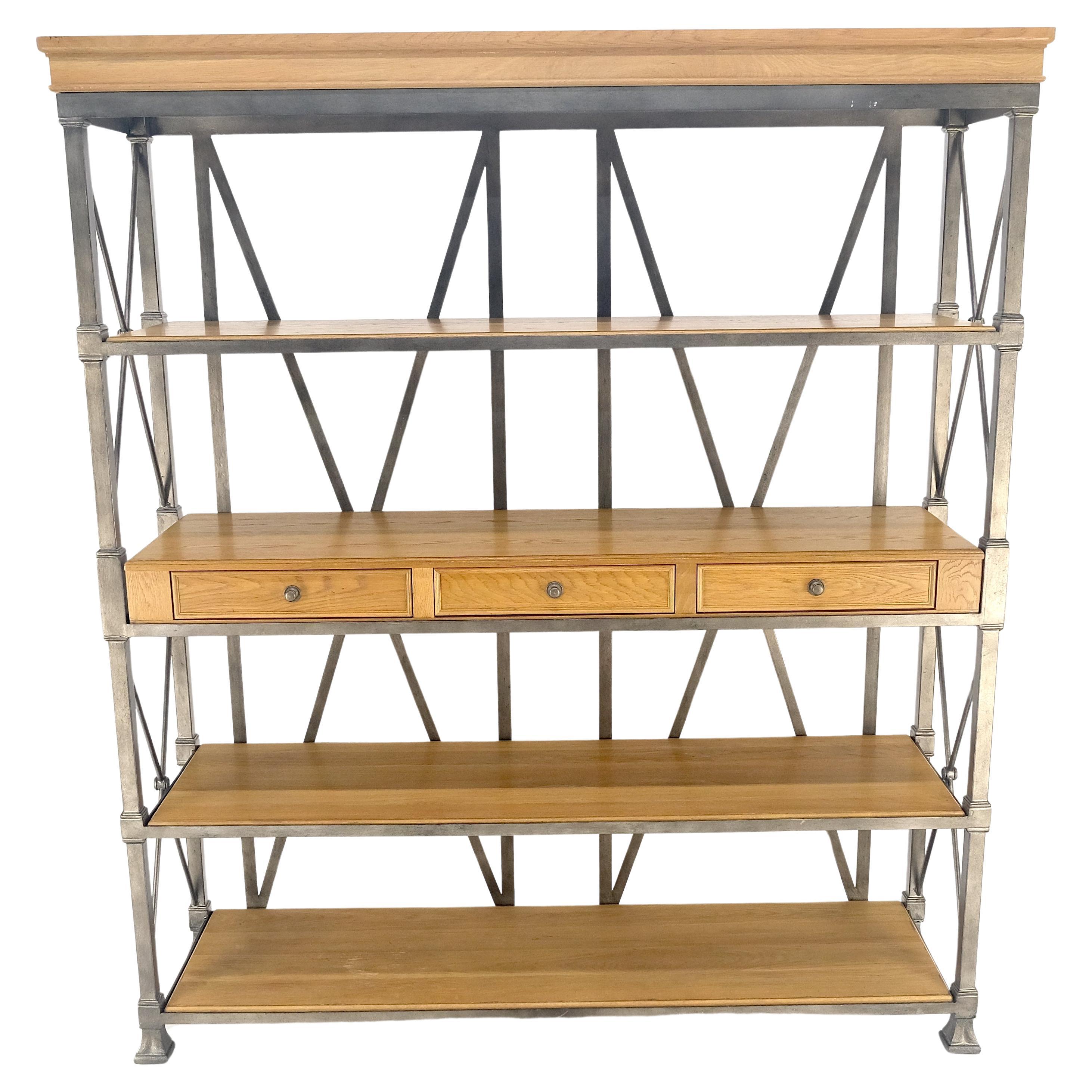 Large Drexel Oak Shelves 5 Wide Iron Etagere Bakers Rack 3 Drawer Console MINT For Sale at 1stDibs