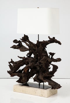 Large Driftwood Lamp on Custom Travertine Base