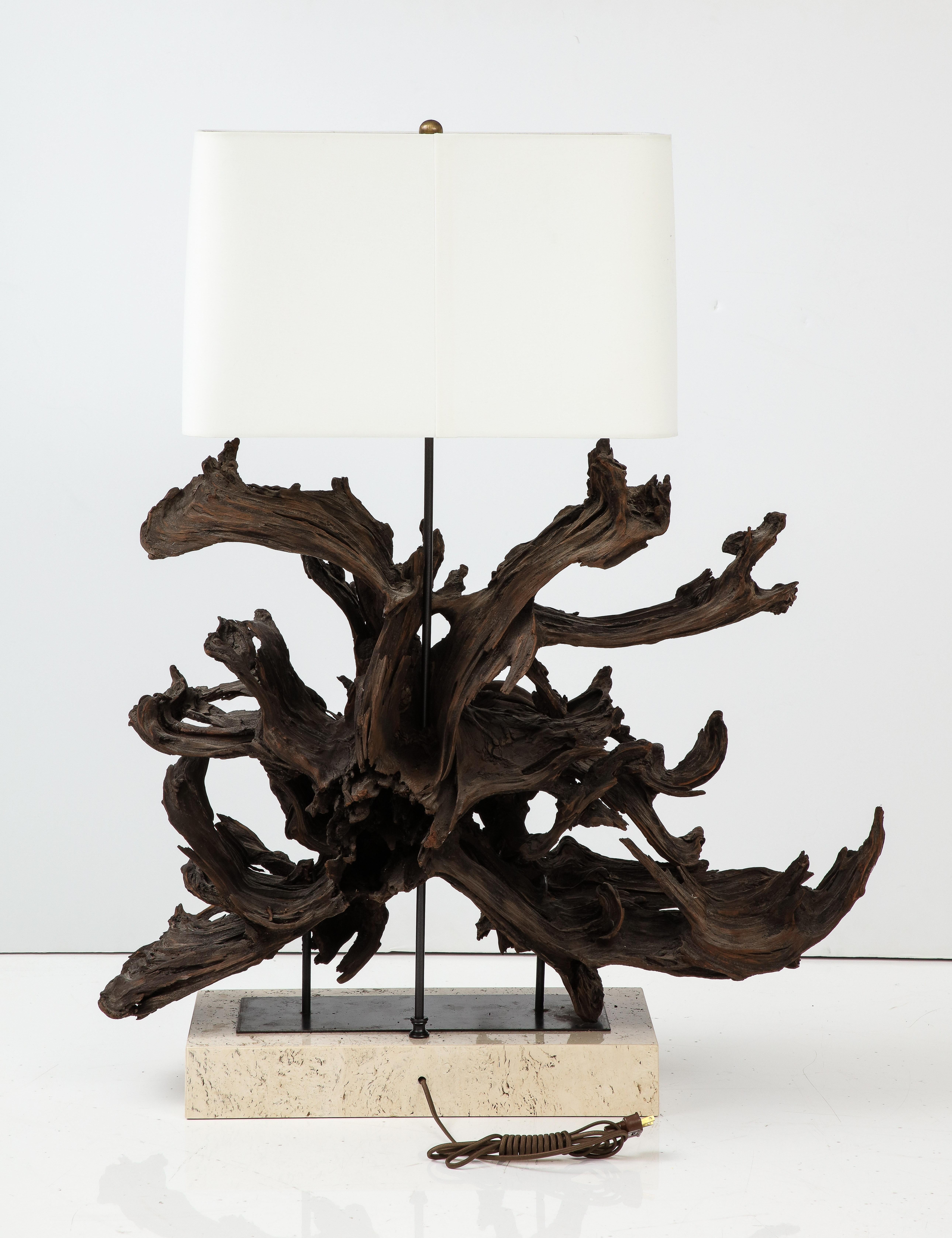 Mid-Century Modern Large Driftwood Lamp on Custom Travertine Base For Sale