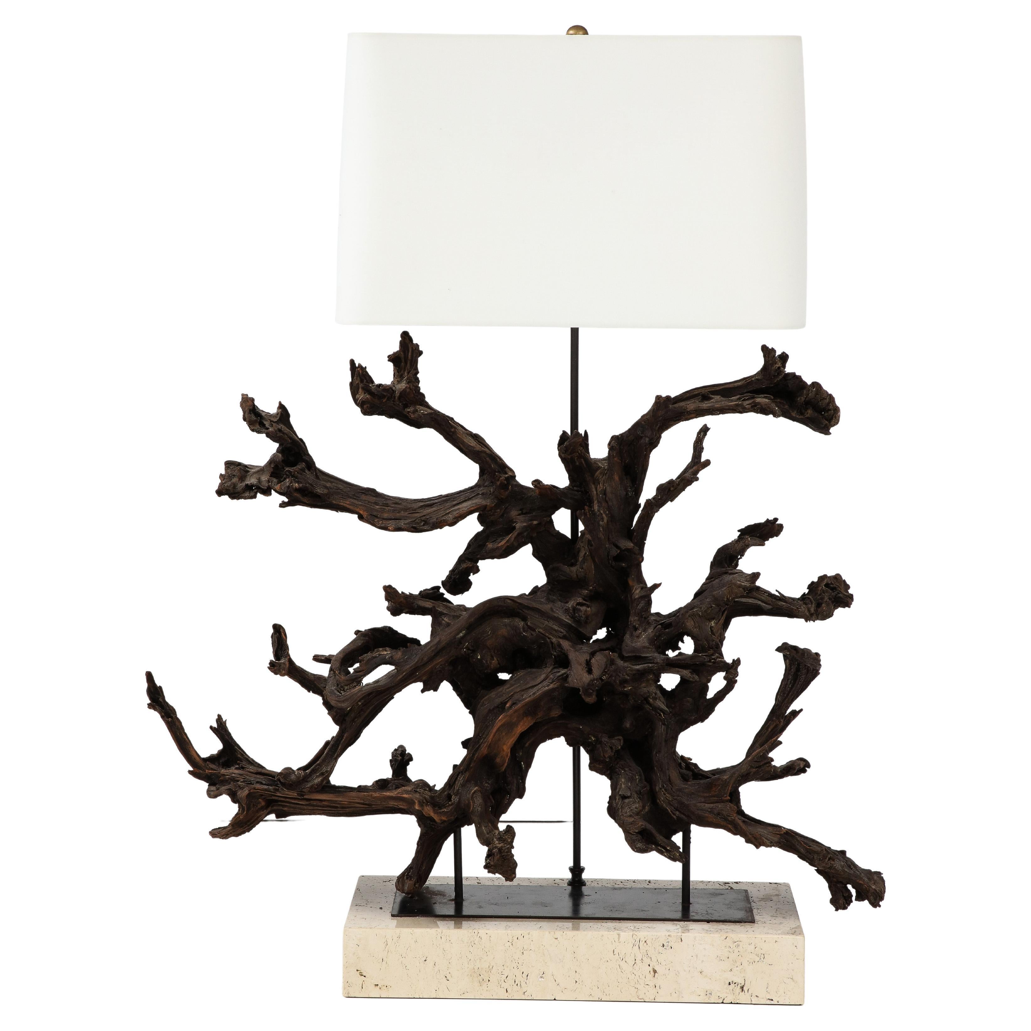 Large Driftwood Lamp on Custom Travertine Base For Sale