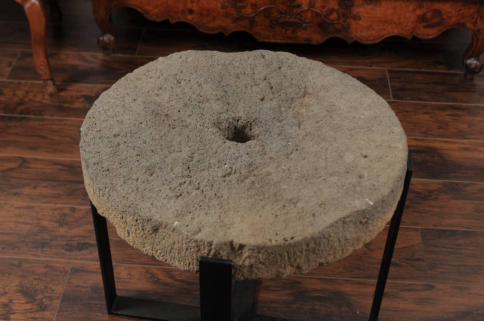 Large Drink Table Made of 1920s Millstone Top Mounted on a New Black Iron Base 3