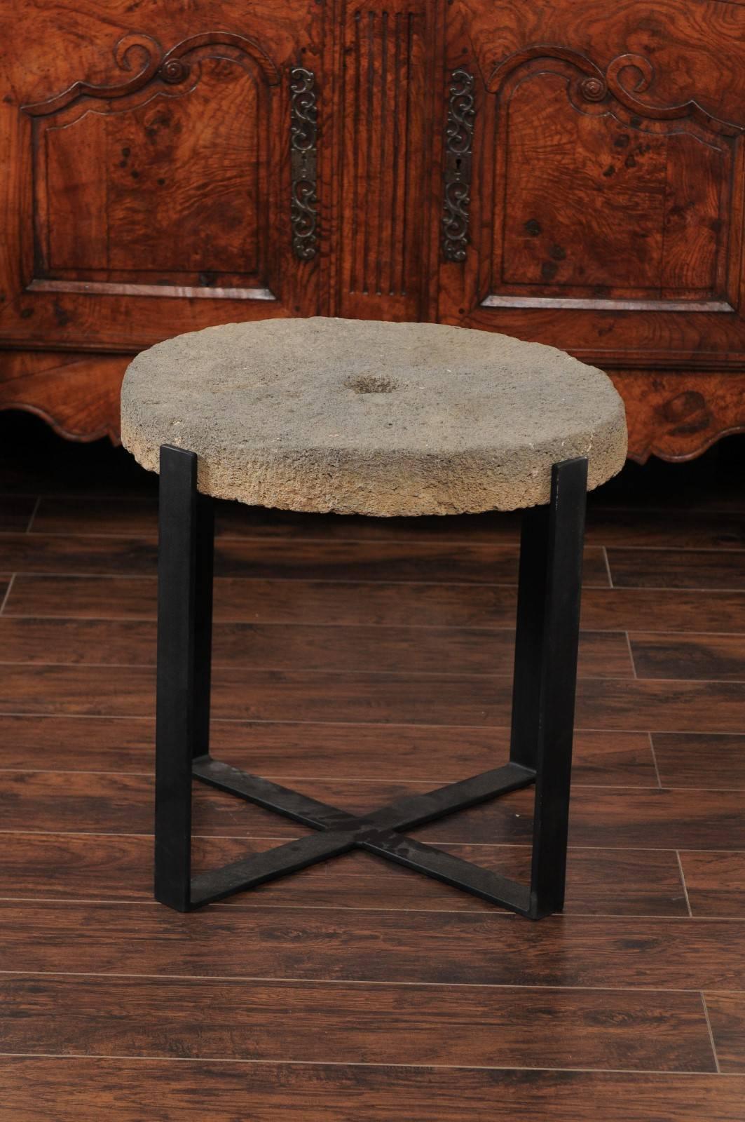 Stone Large Drink Table Made of 1920s Millstone Top Mounted on a New Black Iron Base