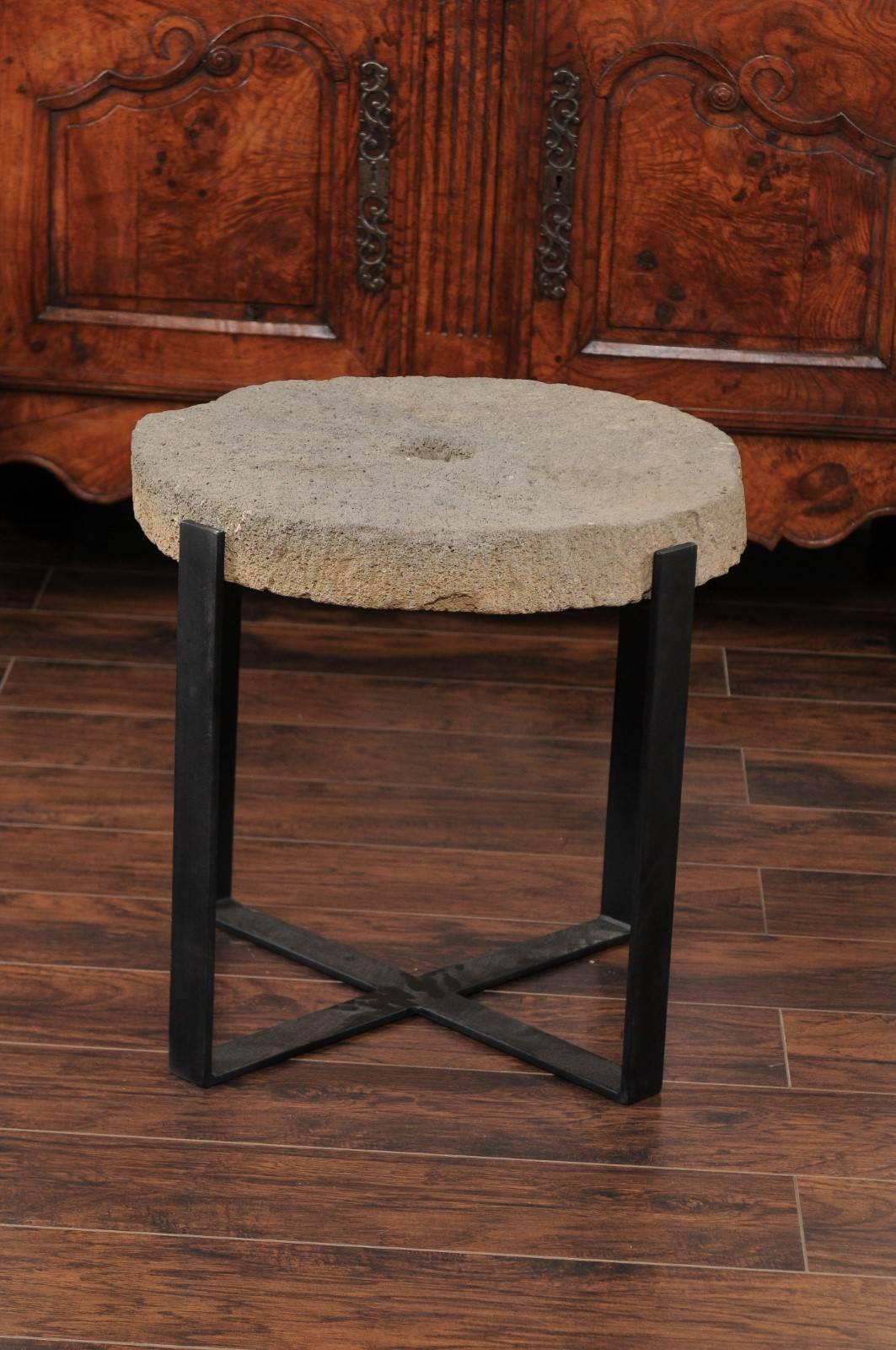 Large Drink Table Made of 1920s Millstone Top Mounted on a New Black Iron Base 1