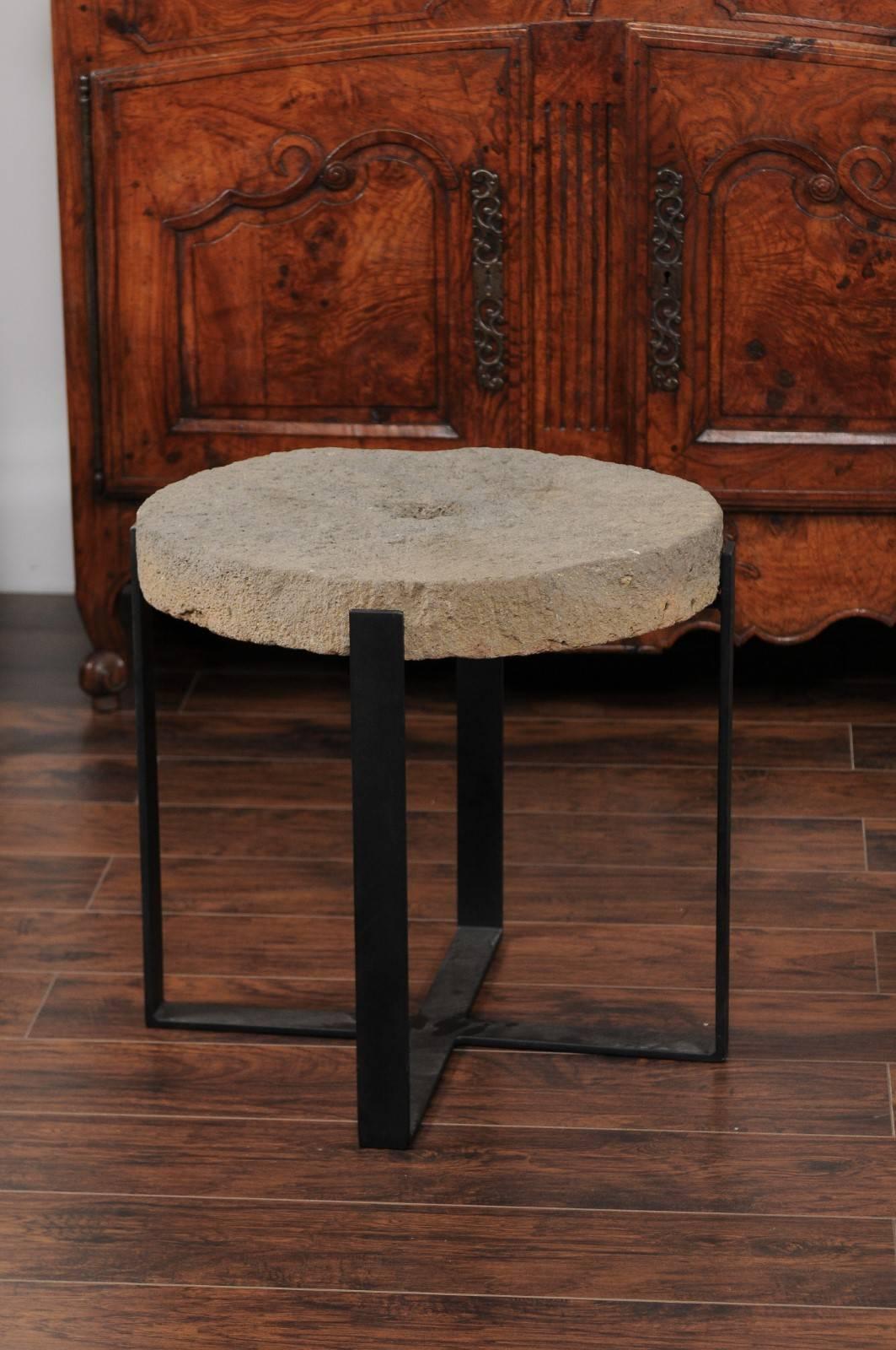 Large Drink Table Made of 1920s Millstone Top Mounted on a New Black Iron Base 2