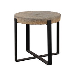 Large Drink Table Made of 1920s Millstone Top Mounted on a New Black Iron Base