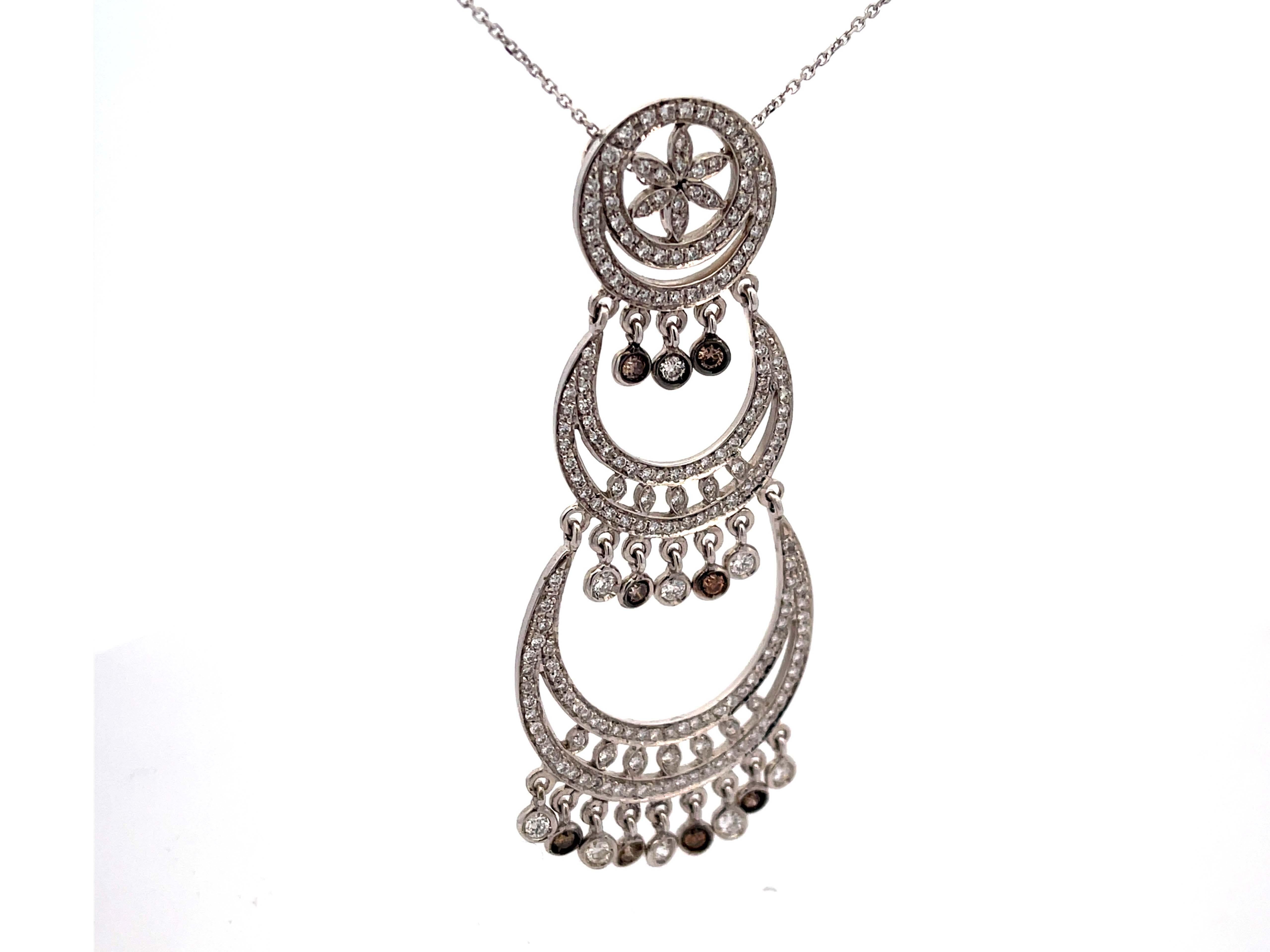 Modern Large Drop Pendant with White and Chocolate Diamonds in 18k White Gold For Sale