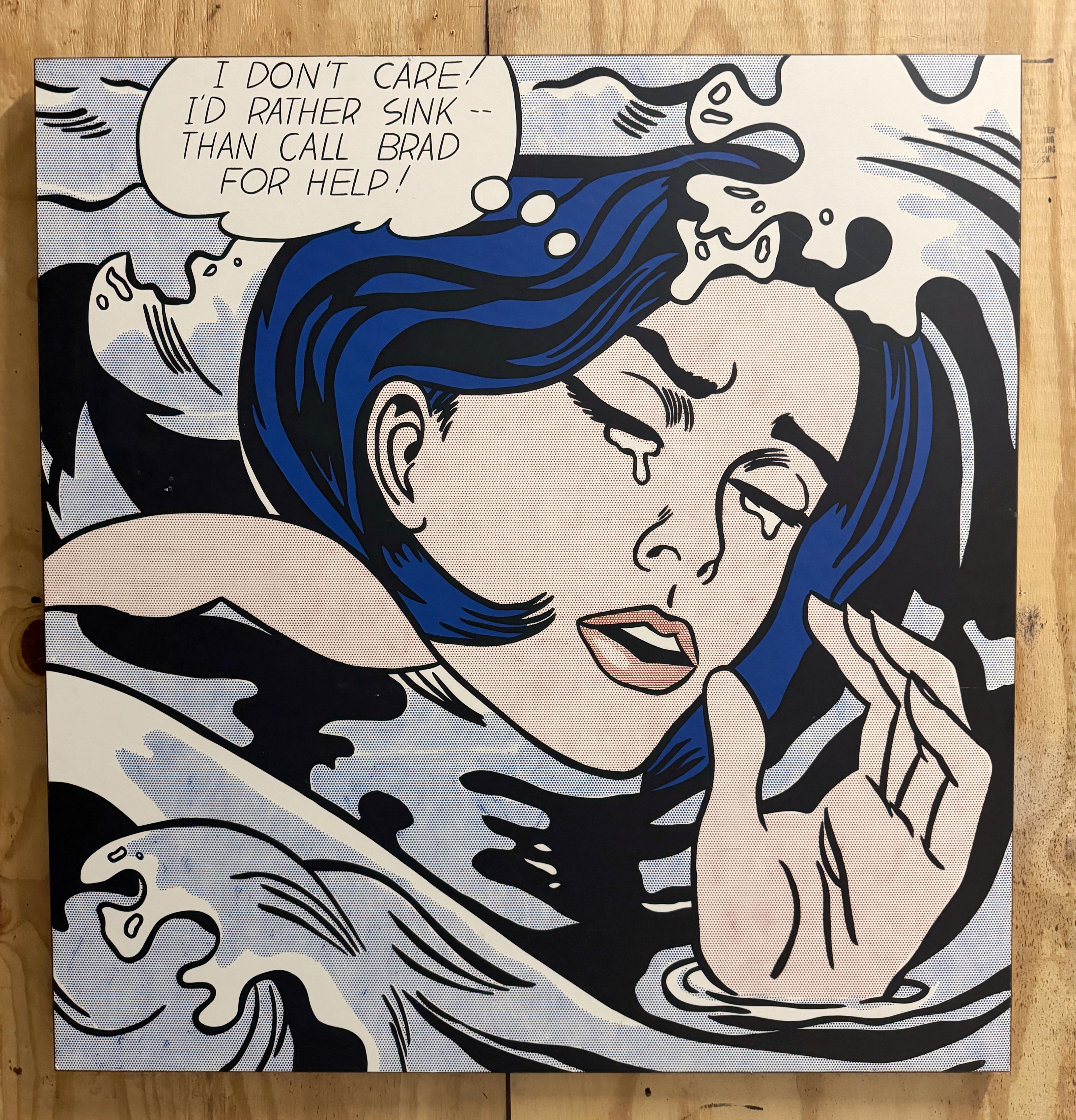 Large 'Drowning Girl’ After Roy Lichtenstein Offset Lithograph Mounted On Panel
USA, Later 20th Century 

'Drowning Girl' after Roy Lichtenstein Offset Lithograph Mounted On Panel is a stunning testament to the iconic artist's mastery of pop art.