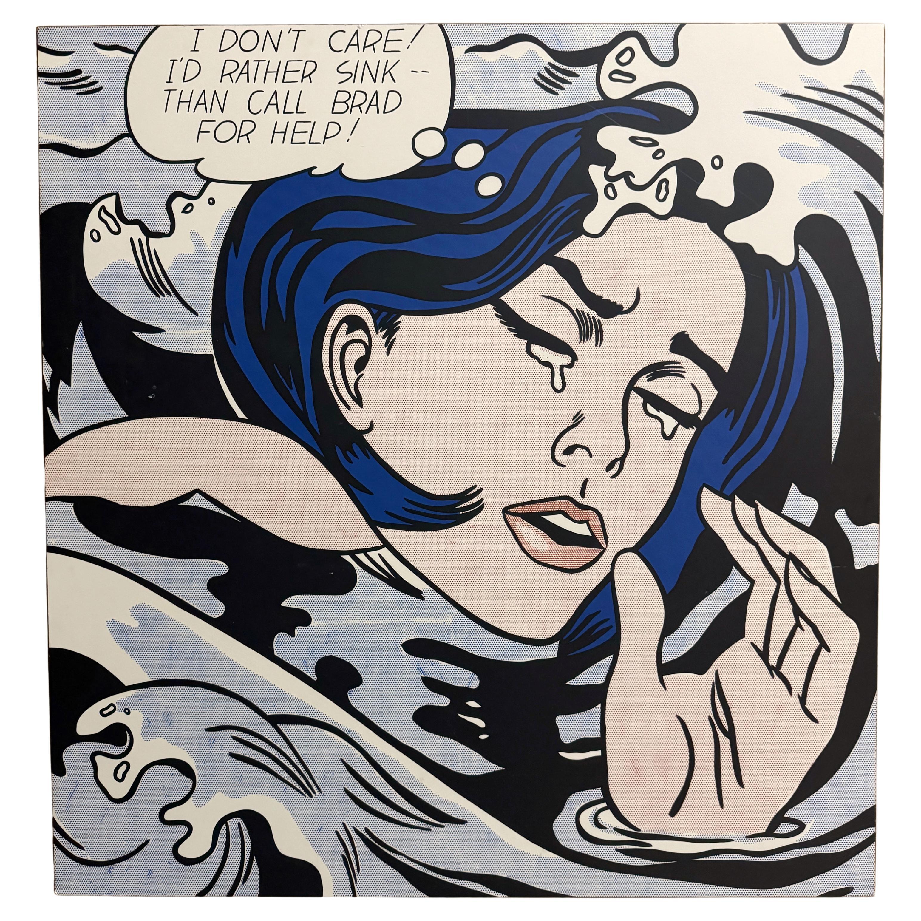 Großes "Ertrinkendes Mädchen" nach Roy Lichtenstein Offsetlithographie auf Platte montiert