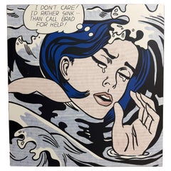 Vintage Large 'Drowning Girl’ After Roy Lichtenstein Offset Lithograph Mounted On Panel