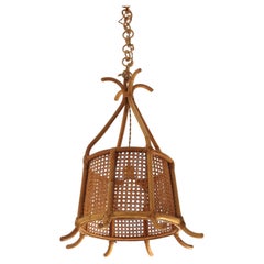 Large Drum Pendant Light or Lantern in Rattan and Wicker Weave, 1960's