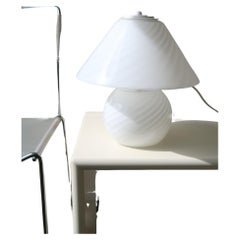 Large Dual Light 1970s Vintage Italian Murano White Swirl Mushroom Table Lamp