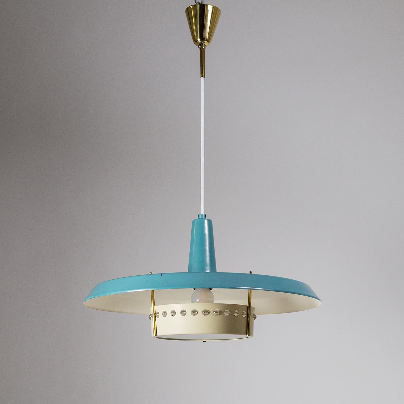 Brass Large 1950s Pendant with Petrol Colored Shade