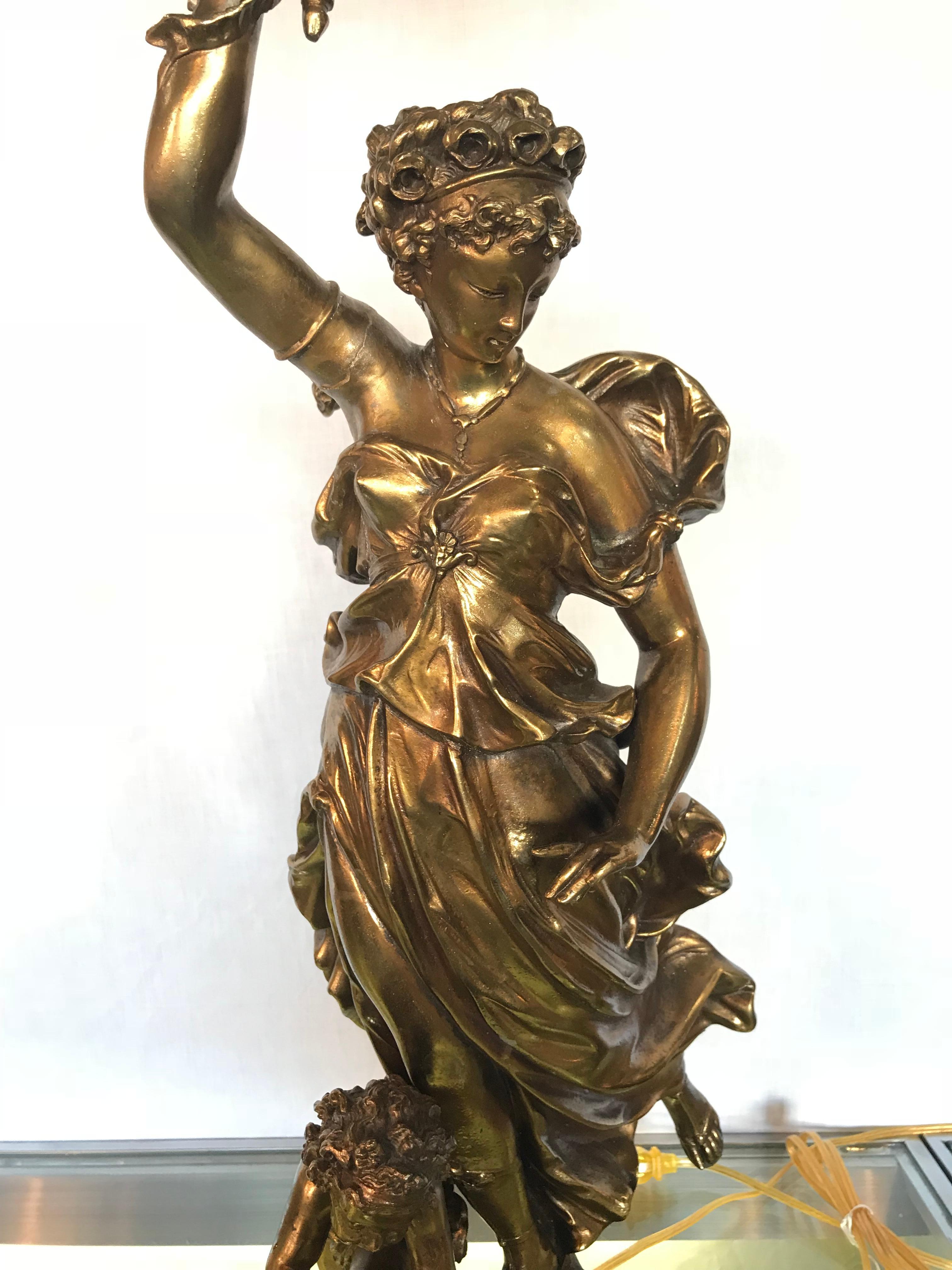 A large white metal figure woman and a child signed wright and butler by Duplex Burner Company. Possibly the finest Duplex Burner lamp ever produced. This large and impressive woman guiding her child in the darkness holding a colored glass shade.