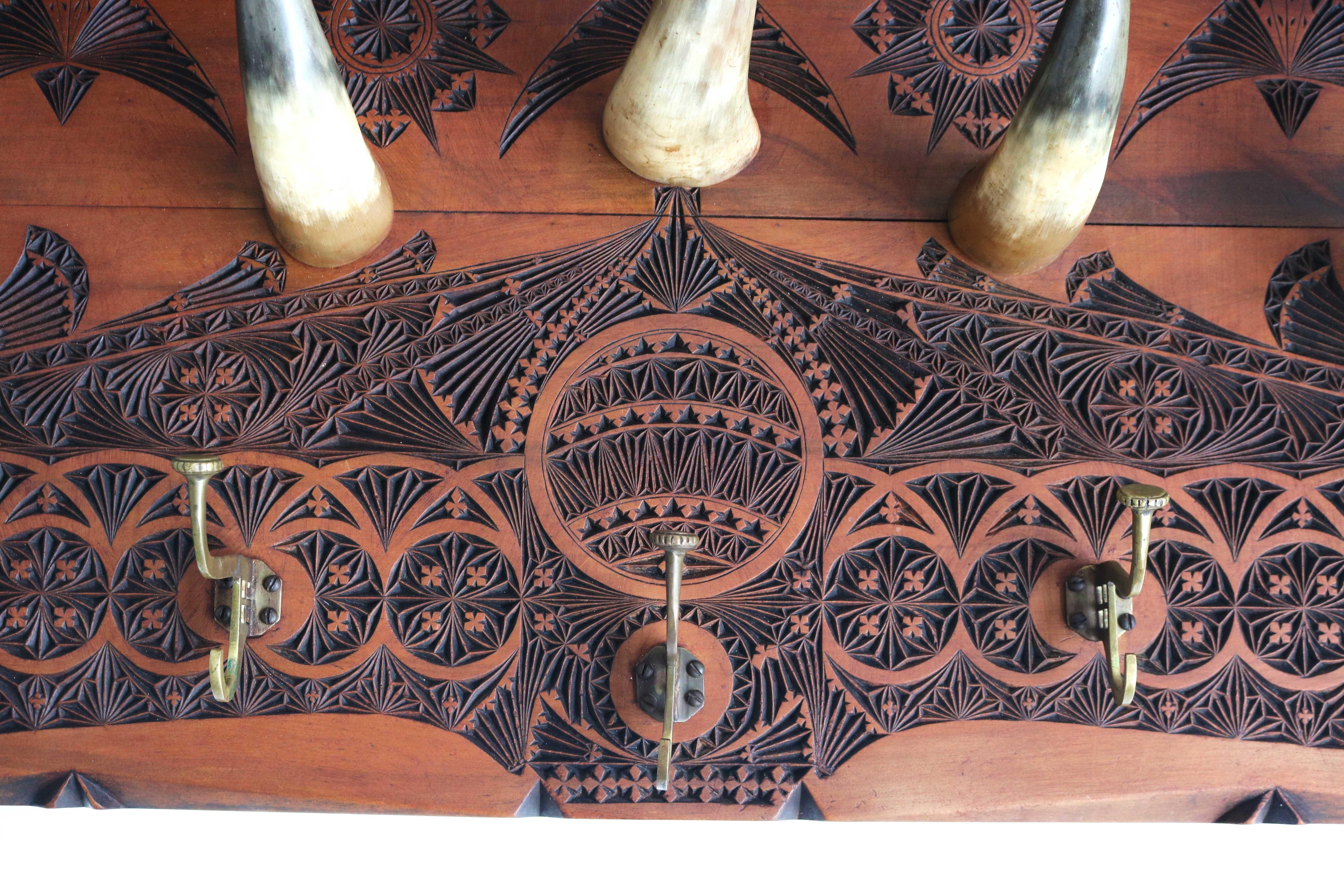 Large Dutch Antique Coat Rack / Hat Rack Chip Carved Wood Bull/Cow Horns Ca 1910 4