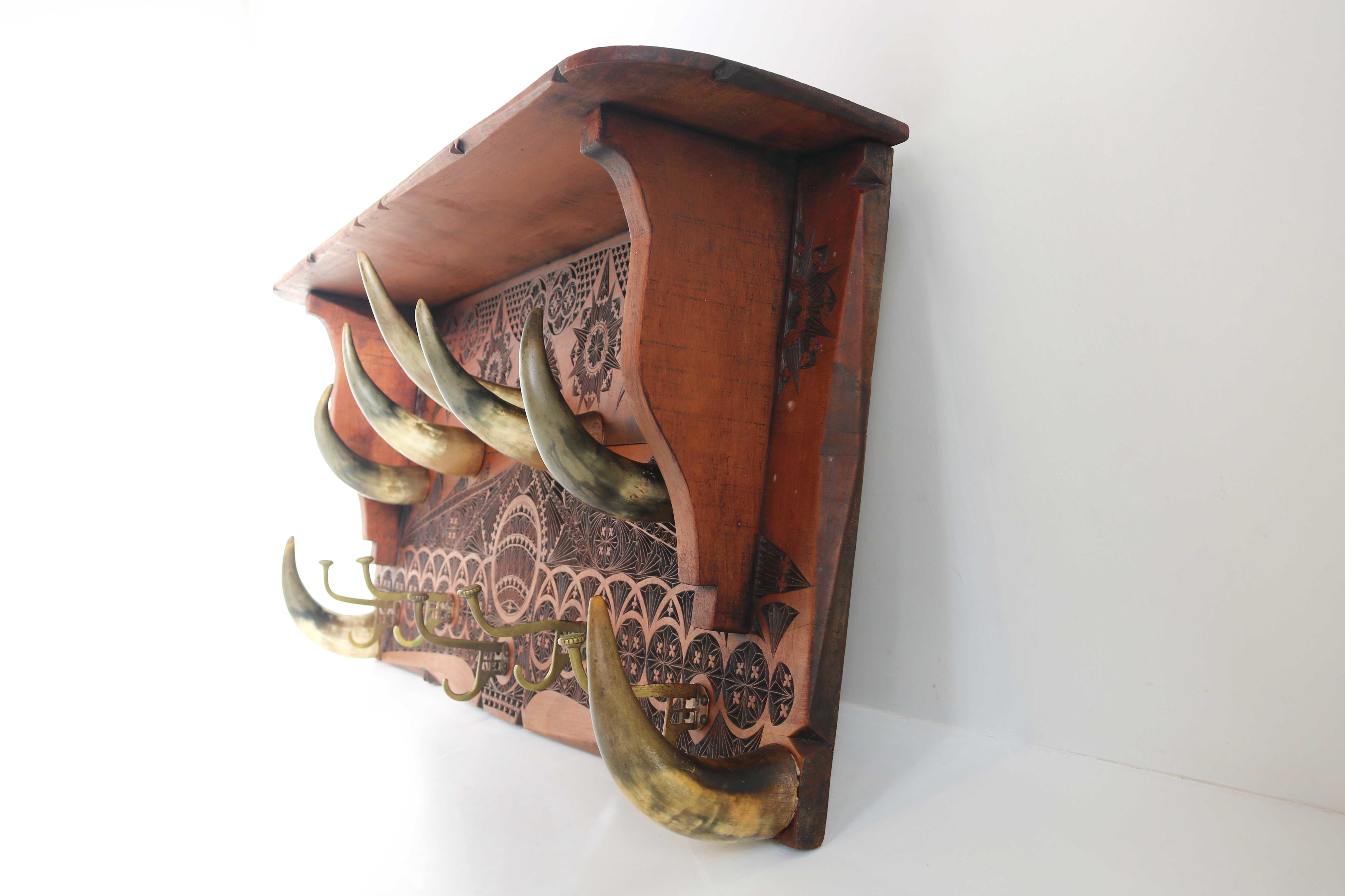 Large Dutch Antique Coat Rack / Hat Rack Chip Carved Wood Bull/Cow Horns Ca 1910 5