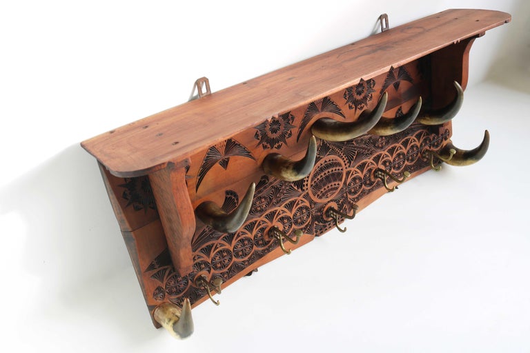 Large Dutch Antique Coat Rack / Hat Rack Chip Carved Wood Bull/Cow ...