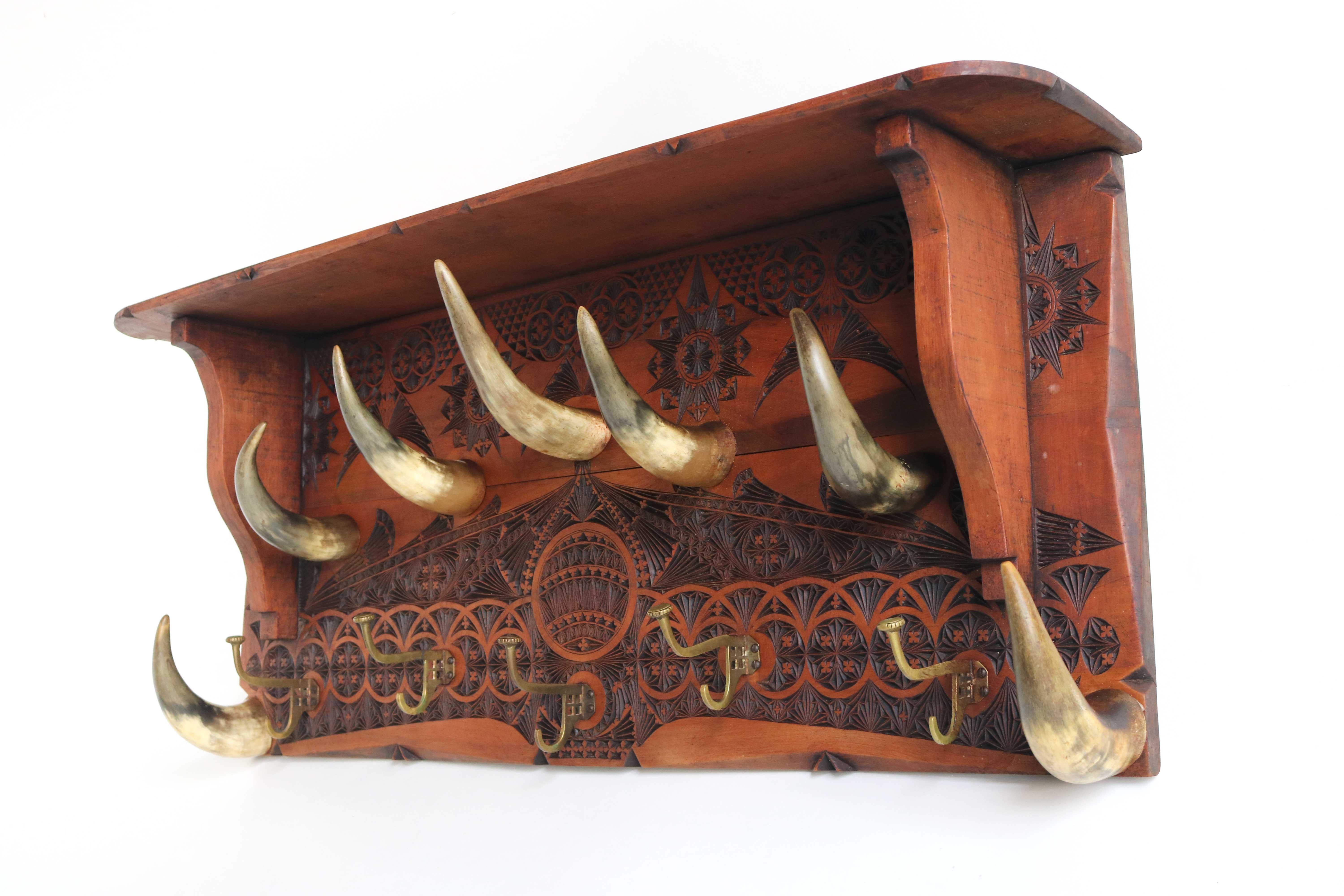 Country Large Dutch Antique Coat Rack / Hat Rack Chip Carved Wood Bull/Cow Horns Ca 1910