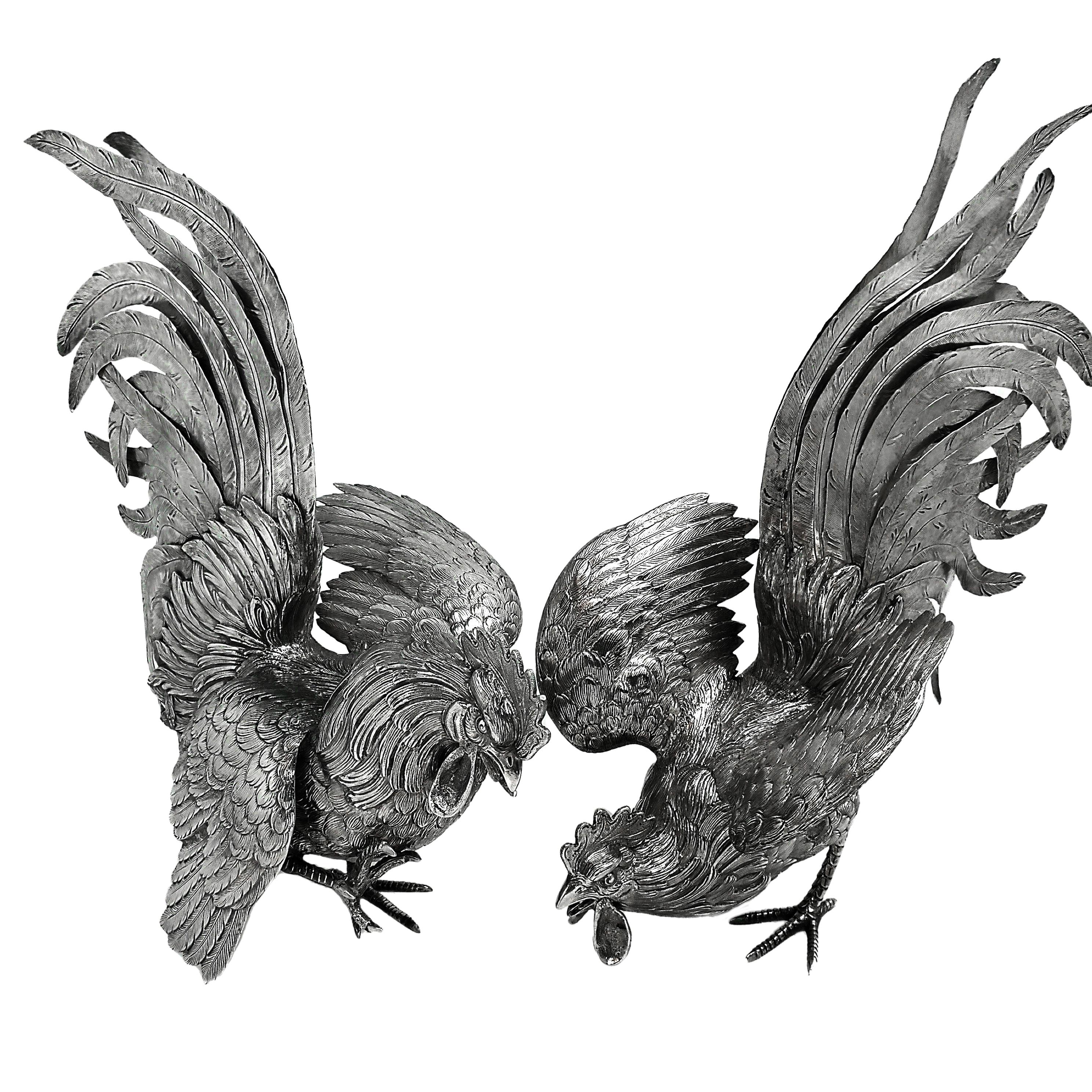 Pair Antique Solid Silver Cockerels / Roosters in an attitude of fighting. These Fighting Cockerels are created with a wonderful attention to detail with close attention paid to the feathers and plumage. Both Roosters have magnificent spread tail