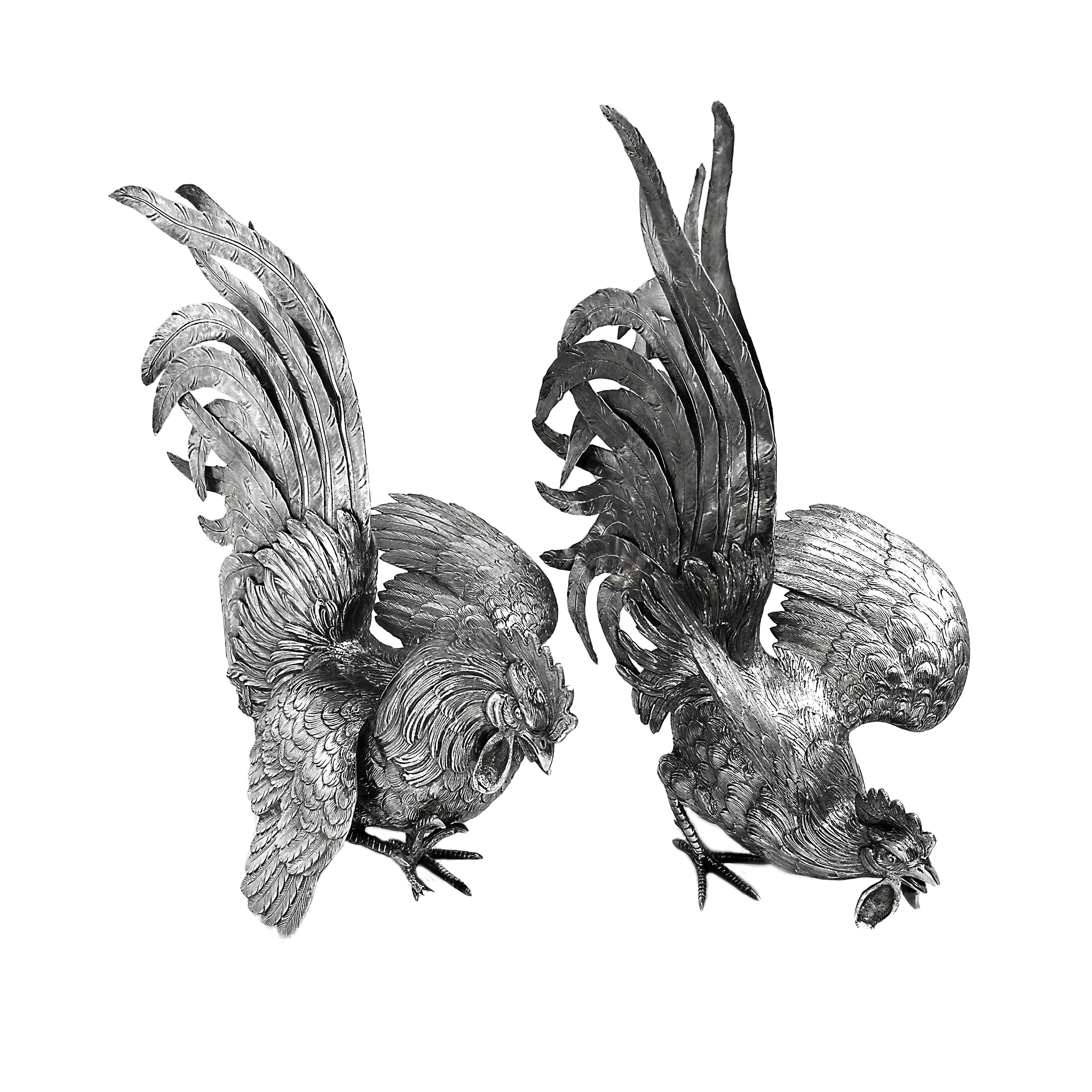 Large Dutch Antique Pair Silver Fighting Cockerels Roosters Models Figures c1900 In Good Condition In London, GB