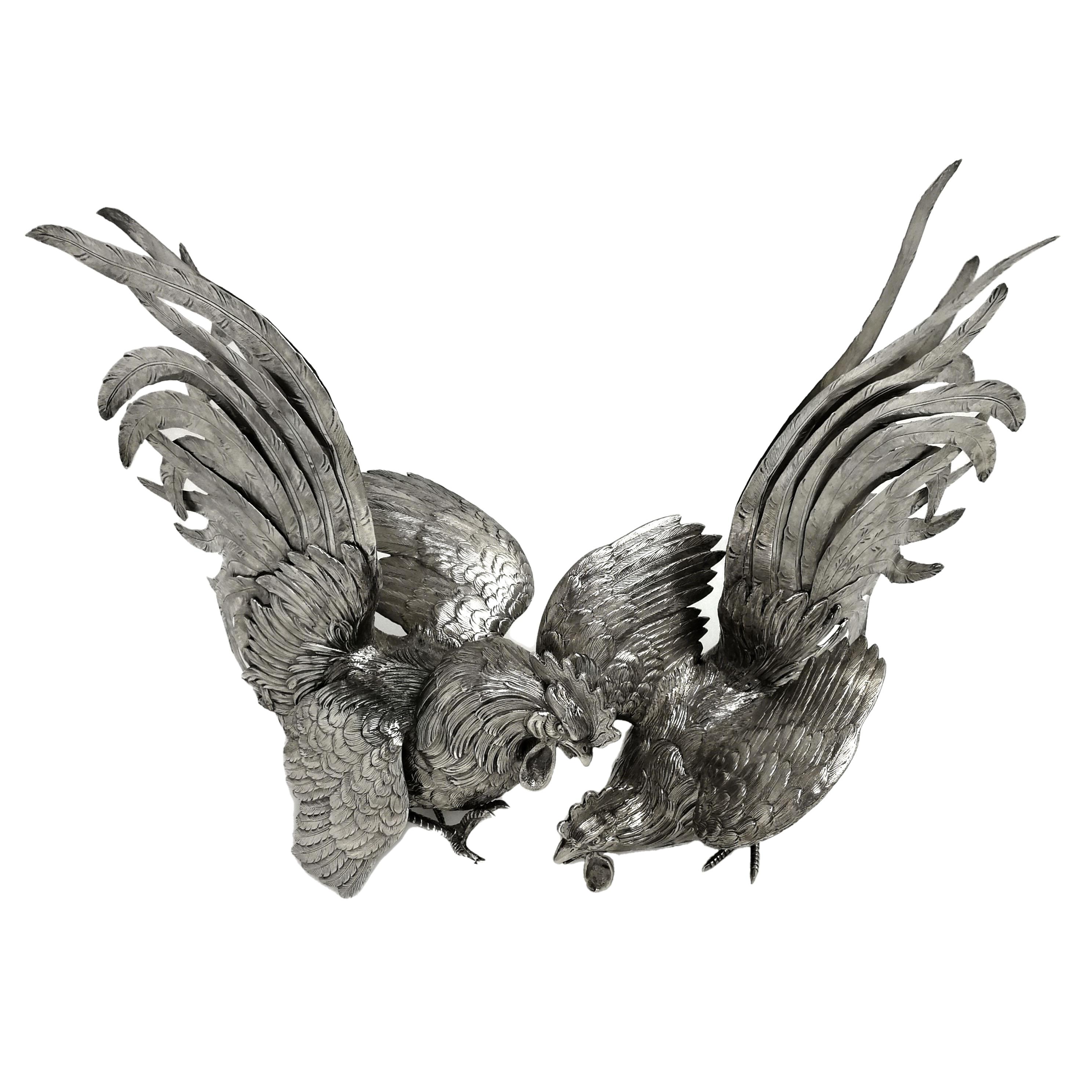 20th Century Large Dutch Antique Pair Silver Fighting Cockerels Roosters Models Figures c1900