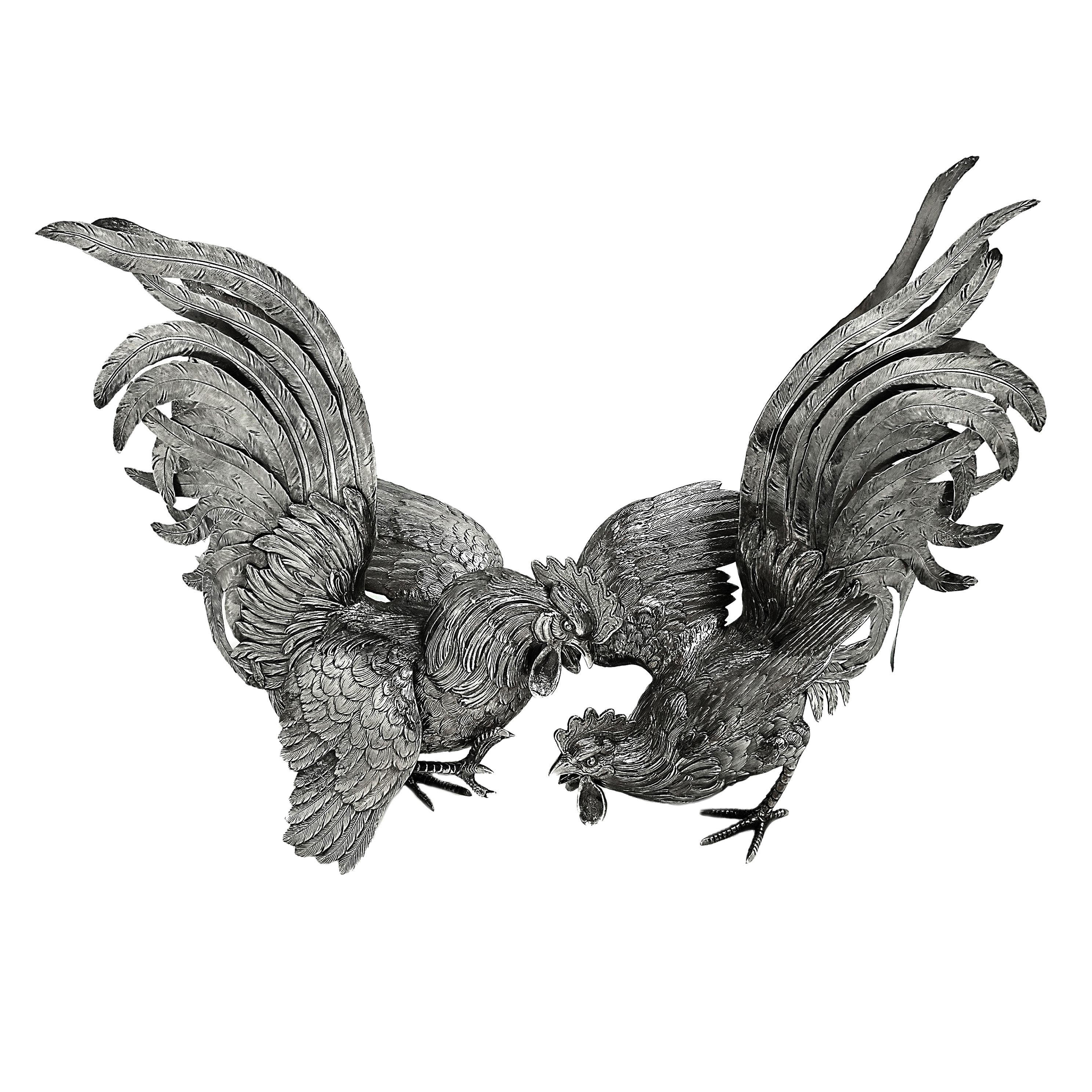 Sterling Silver Large Dutch Antique Pair Silver Fighting Cockerels Roosters Models Figures c1900