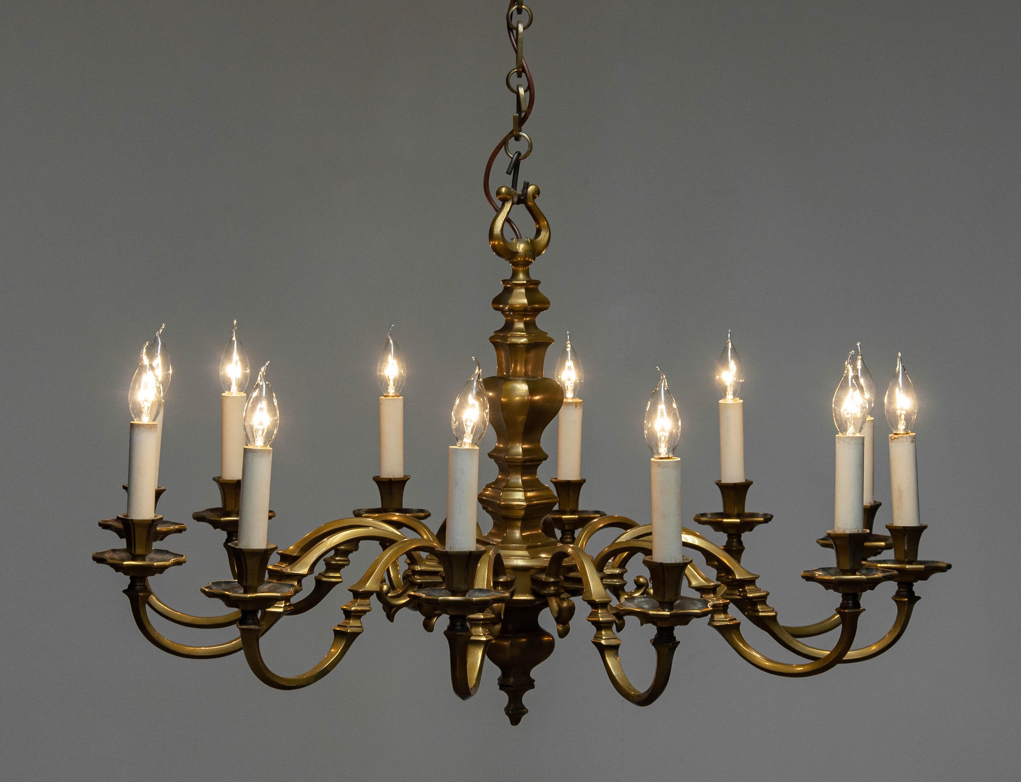 Large Dutch Baroque / Colonial Style Brass Chandelier With 12 Arms 1