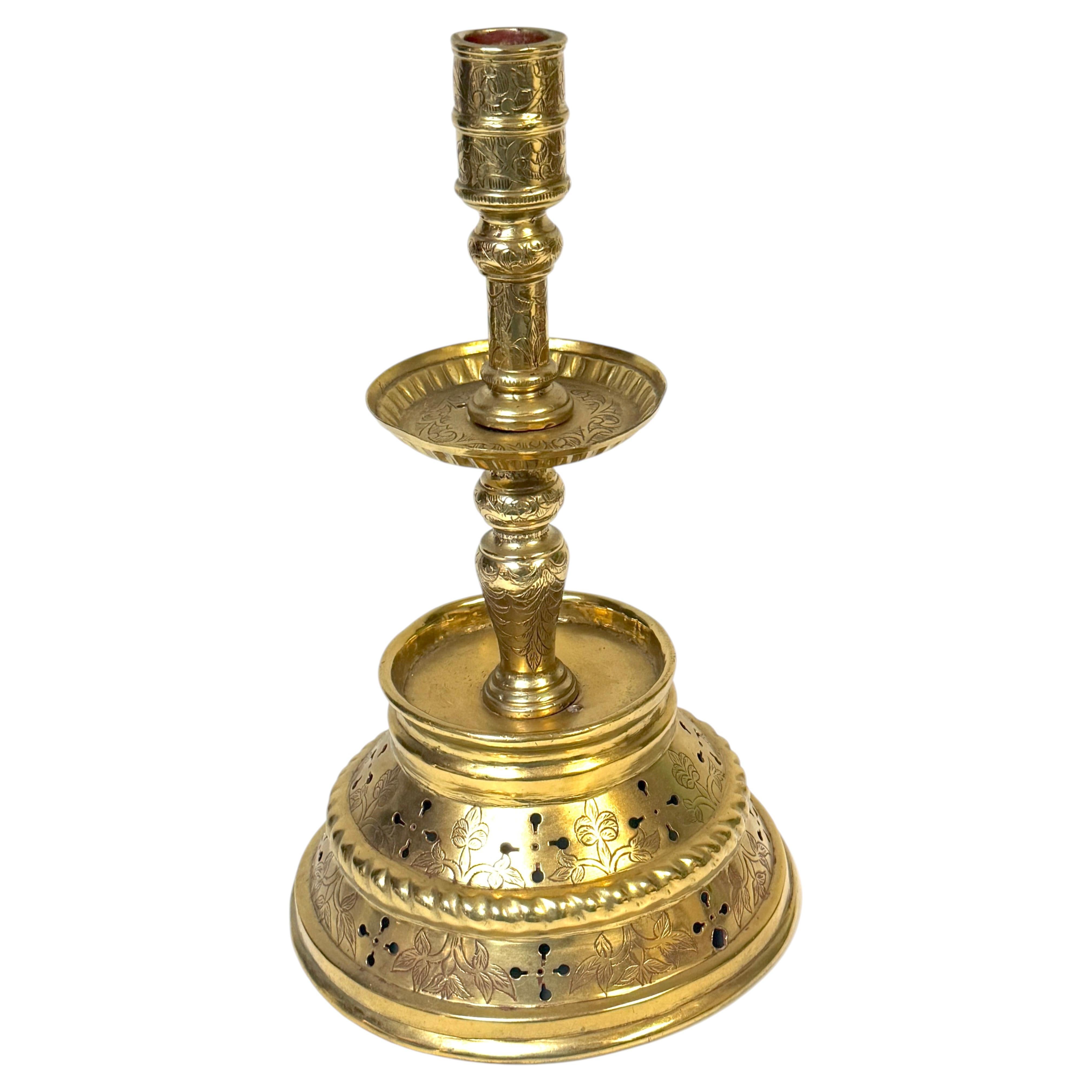 Large Dutch Baroque Engraved & Pierced Brass Chamber Candlestick Ventilated Base